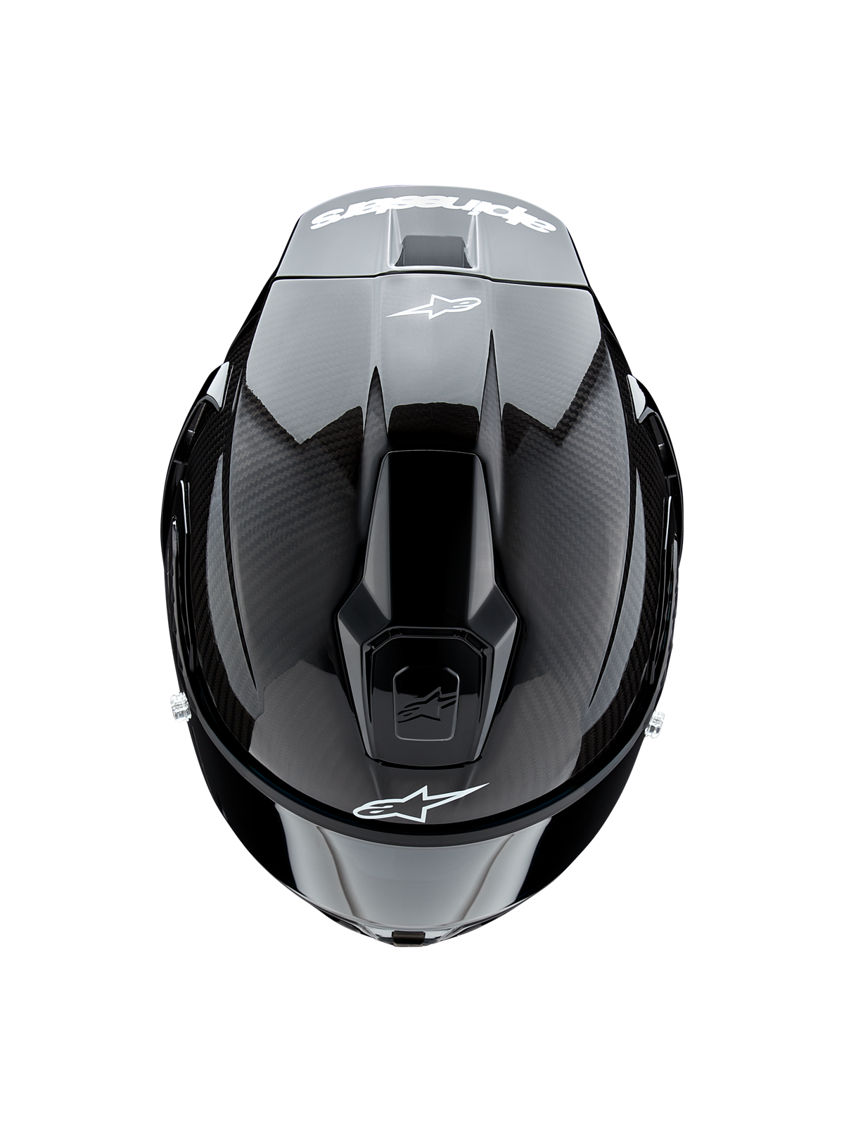 Alpinestars Supertech R10 Solid helm, bovenaanzicht, zwart carbon mat en glanzend, met koolstofvezeltextuur aan de zijkanten, glanzend middengedeelte, aerodynamische ventilatieopeningen en wit Alpinestars-logo op de voor- en achterkant
