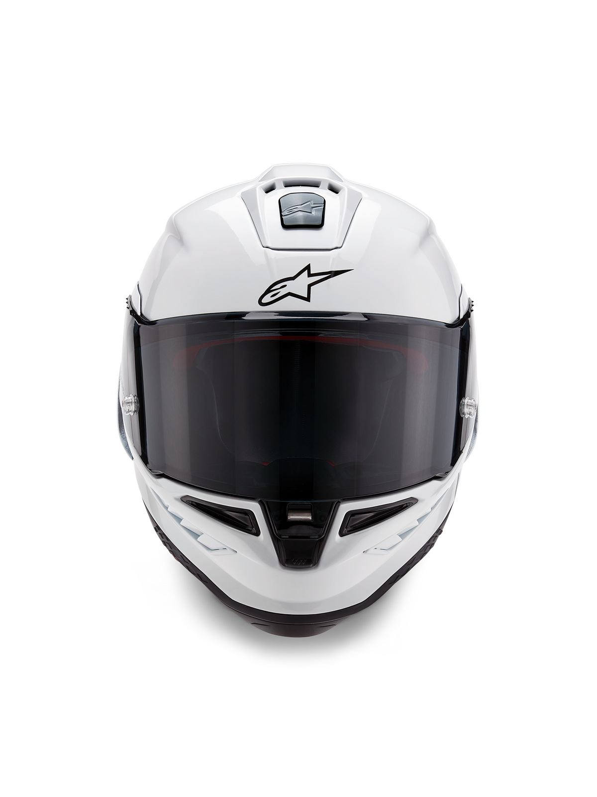 Alpinestars Supertech R10 Solid Helmet, Full-Face Racing Helmet, Glossy White with black details, front view showing dark smoke visor, aerodynamic ventilation system, and black Astars logo