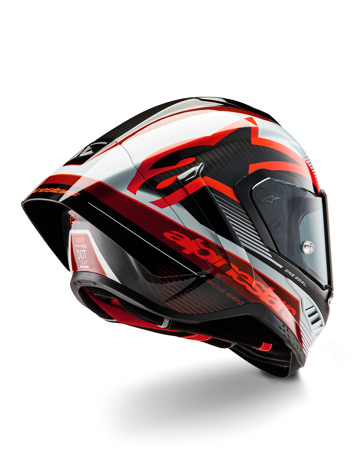 Casque Alpinestars Supertech R10 Team, casque de course intégral, noir carbone, rouge et blanc brillant, design aérodynamique avec spoiler arrière et texture en fibre de carbone apparente, avec logos Alpinestars distinctifs et étiquette de certification DOT