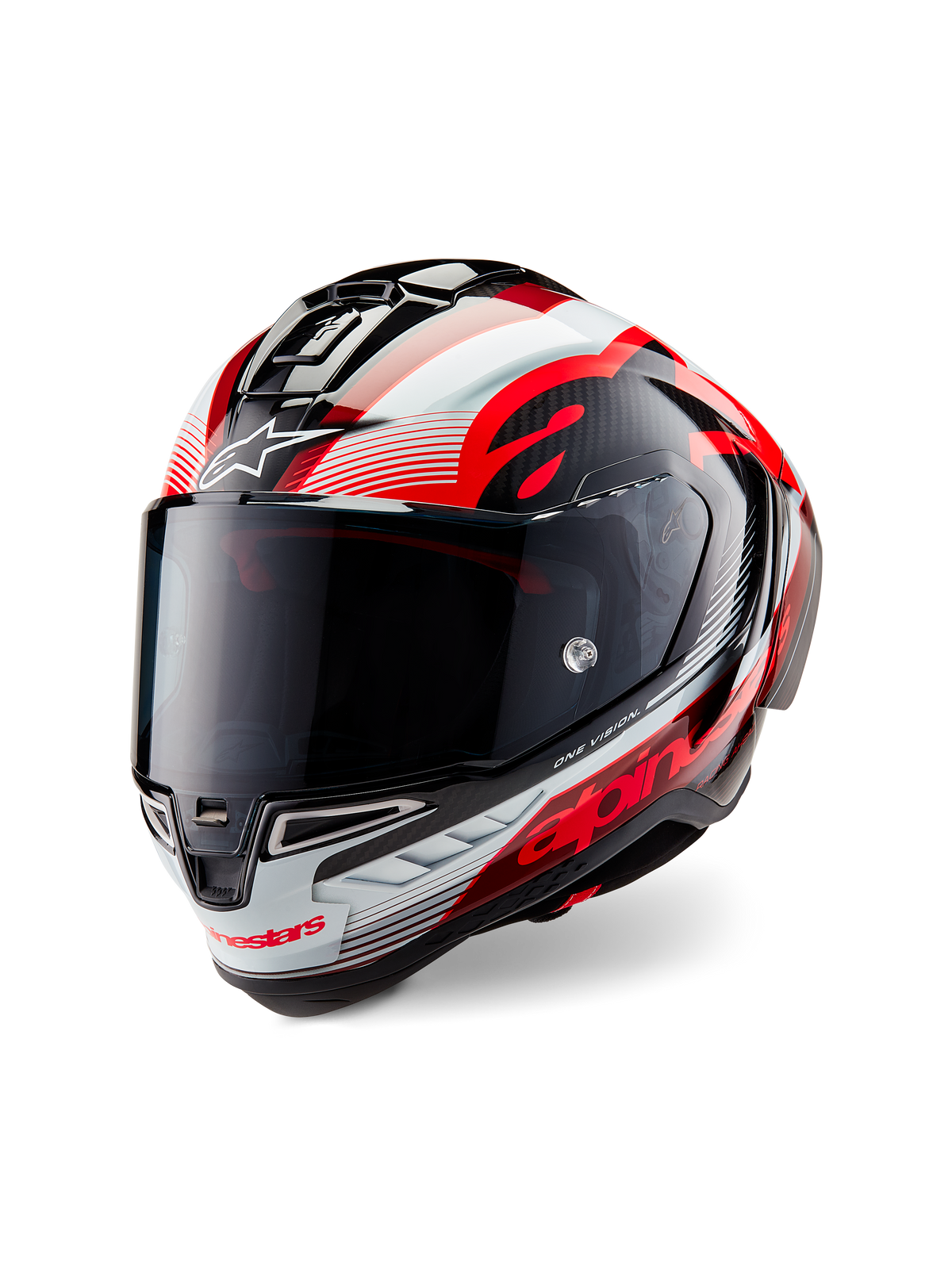 Casque Alpinestars Supertech R10 Team, casque de moto intégral, carbone noir brillant avec graphismes rouges et blancs, coque aérodynamique, logo Alpinestars distinctif et visière teintée