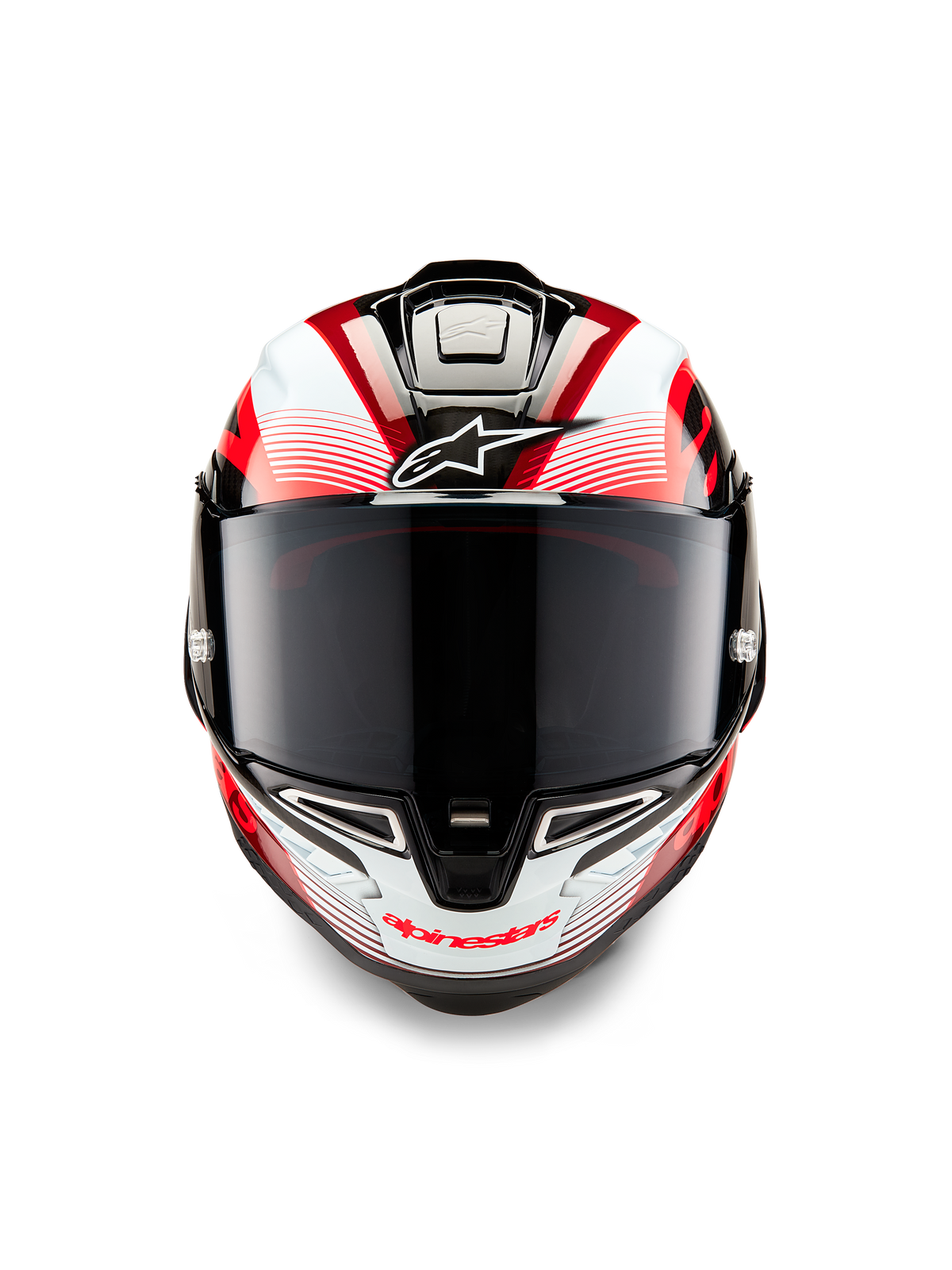 Casque Alpinestars Supertech R10 Team, vue de face, noir carbone, rouge et blanc brillant, avec écran fumé foncé, logo Astar blanc sur le front, marquage Alpinestars rouge sur la mentonnière, design aérodynamique prêt pour la course avec graphismes complexes