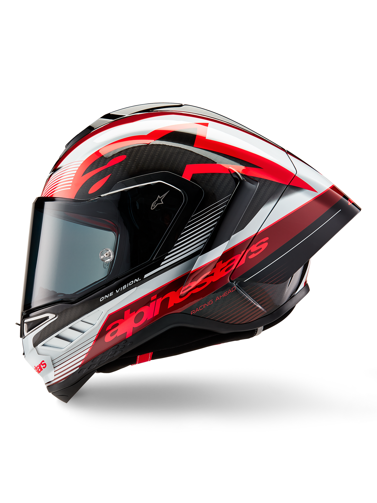 Casque Alpinestars Supertech R10 Team, casque intégral de course de moto, finition brillante Noir Carbone Rouge et Blanc, profil latéral montrant le design aérodynamique, marquage rouge avec les textes 'One Vision' et 'Racing Ahead', construction élégante en fibre de carbone pour des performances professionnelles.
