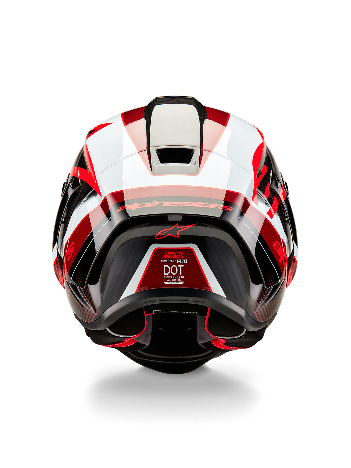 Casque Alpinestars Supertech R10 Team, vue arrière, noir carbone, rouge et blanc brillant, calotte au design aérodynamique avec des panneaux rouges et blancs vifs, marquage Alpinestars sur le spoiler et logo étoile rouge, casque de moto de course professionnel