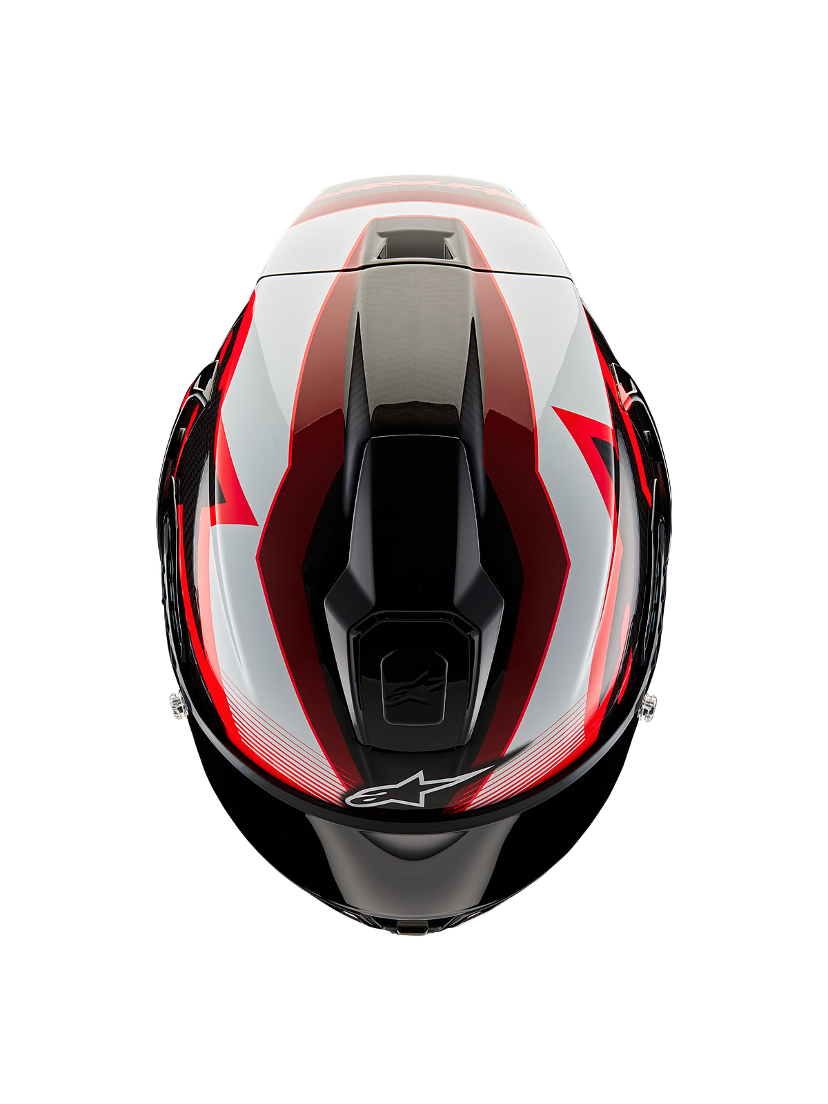 Casque Alpinestars Supertech R10 Team, vue de dessus, noir carbone rouge et blanc brillant, coque aérodynamique avec orifices de ventilation centraux et graphismes de course audacieux, casque de moto de sport professionnel.