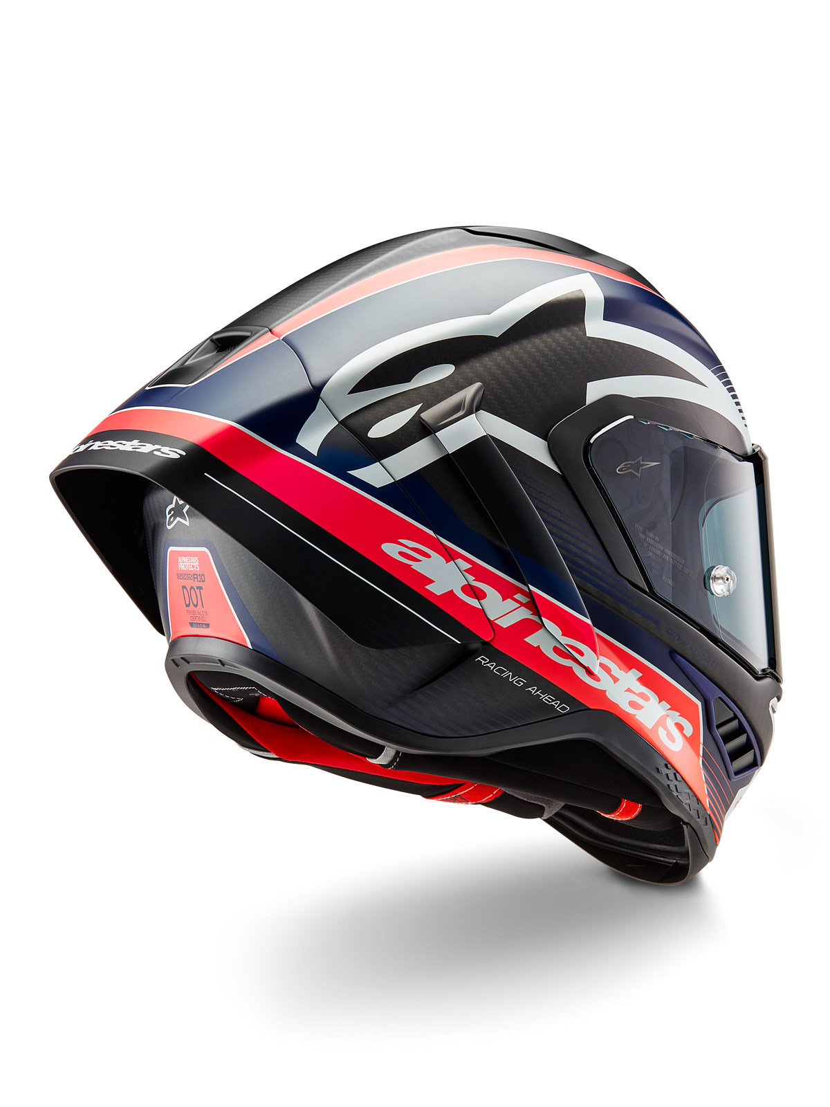 Alpinestars Supertech R10 Team Helm, professionele motorracehelm, zwart carbon met fluorescerend rode en matblauwe accenten, aerodynamisch achteraanzicht met geïntegreerde spoiler, opvallende Alpinestars-branding en zichtbare carbon schaaltextuur.