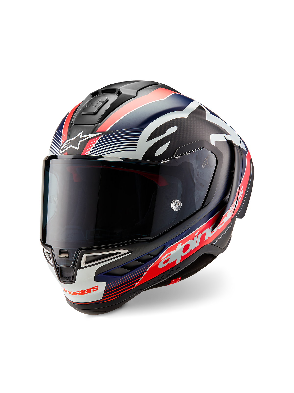 Alpinestars Supertech R10 Team helm, zwart carbon met fluor rood en matblauwe graphics, driekwart vooraanzicht, voorzien van een donkergetint vizier, aerodynamische raceschaal en opvallende witte Alpinestars-logo's.