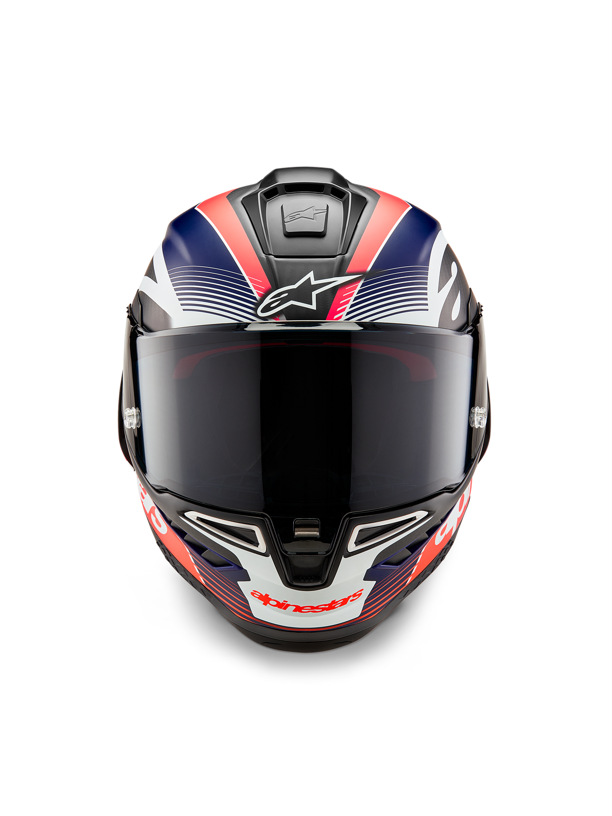 Alpinestars Supertech R10 Team helm, integraal motorracehelm, zwart carbon met mat blauwe en fluo rode graphics, vooraanzicht met Dark Smoke vizier, aerodynamisch ontwerp met geïntegreerde ventilatieopeningen, hoogwaardige race-uitrusting
