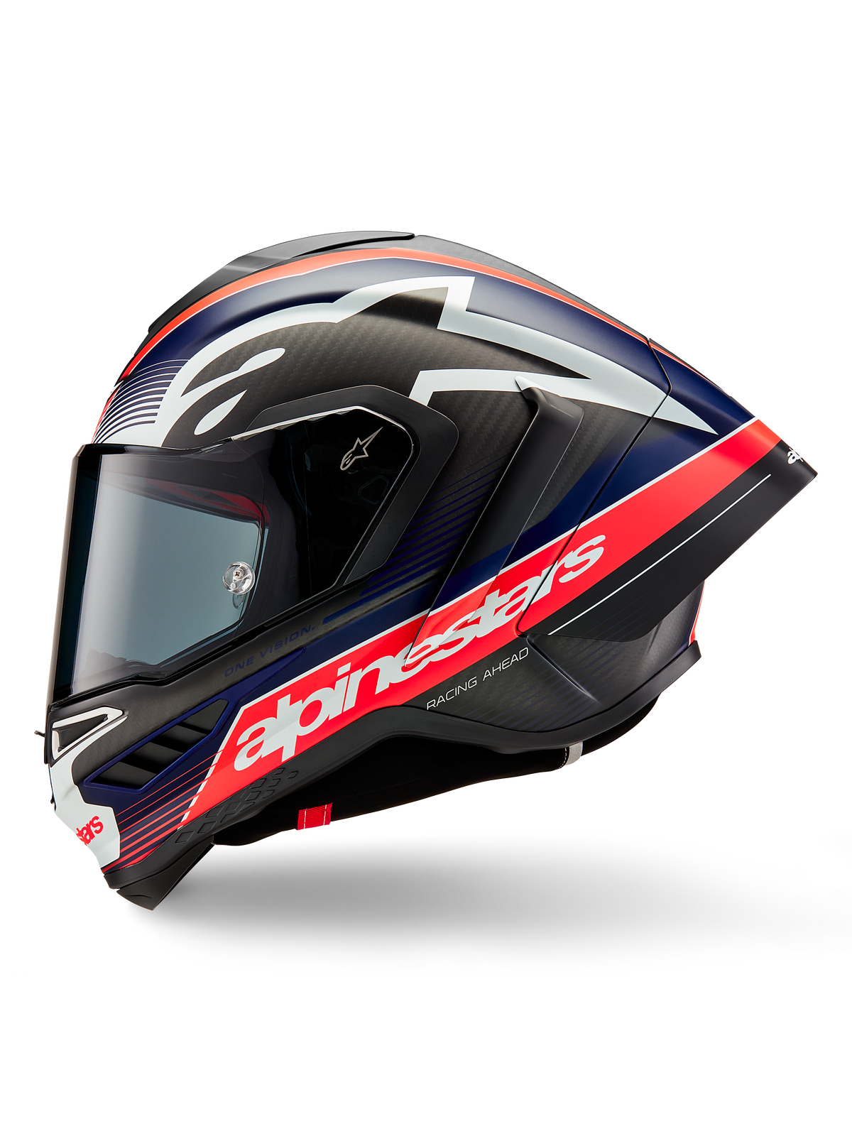 Alpinestars Supertech R10 Team helm, zijaanzicht, Black Carbon Red Fluo en Blue Matte, met een groot wit Alpinestars-logo op een rode streep, aerodynamische carbonfiber schaal met een getint vizier, hoogwaardige motorrace-uitrusting