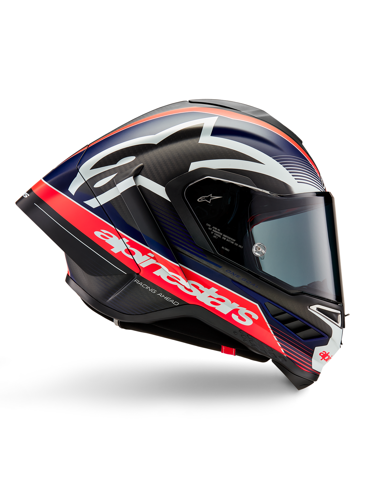 Alpinestars Supertech R10 Team helm, motorracehelm, zwart carbon met fluorrode en matblauwe accenten, groot wit Alpinestars-logo, aerodynamisch ontwerp met geïntegreerde spoilers, helder vizier, zichtbare carbon-textuur, gestroomlijnd raceprofiel