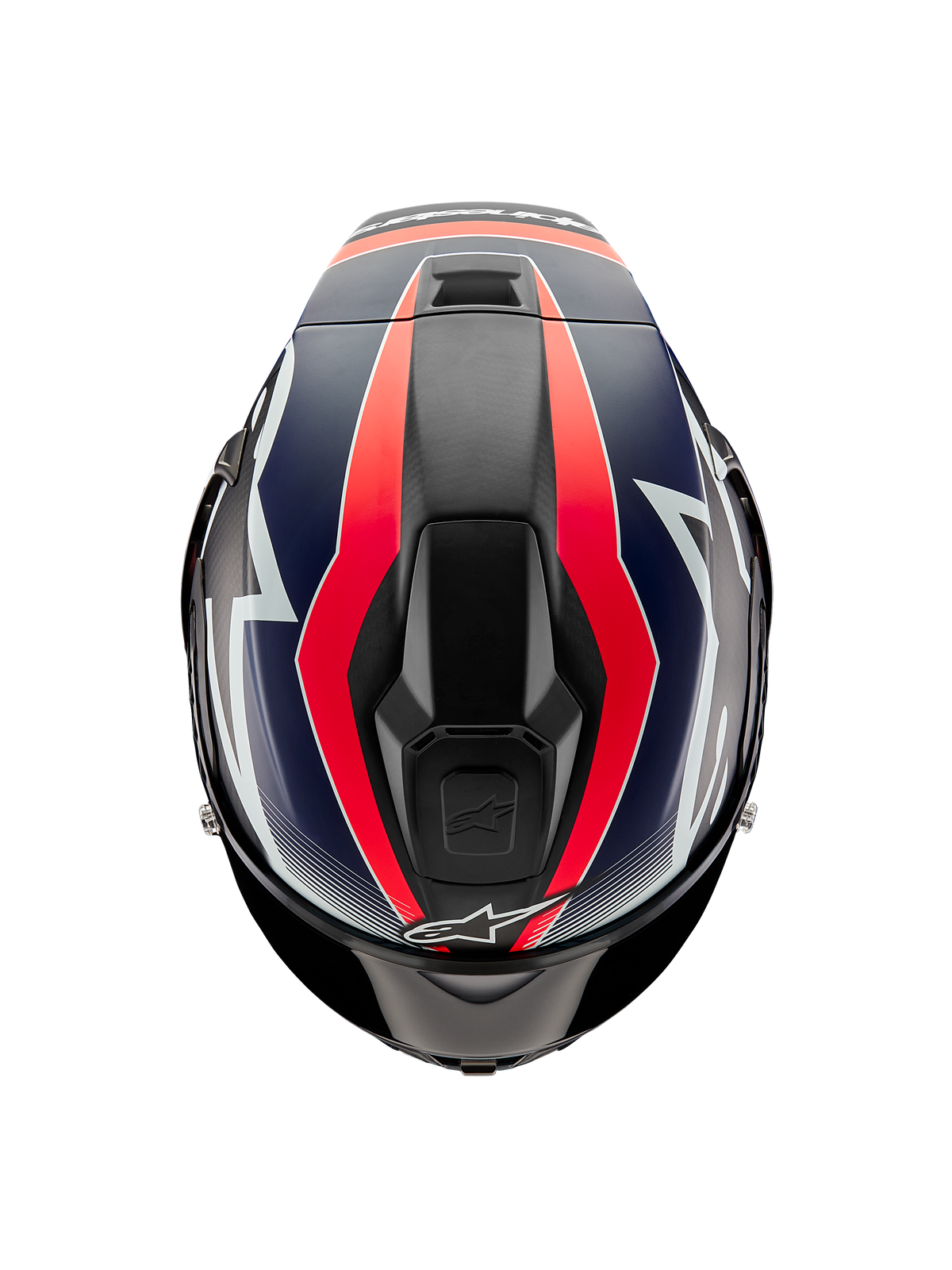 Alpinestars Supertech R10 Team helm, bovenaanzicht, Black Carbon met Red Fluo en Matte Blue graphics, aerodynamisch schaalontwerp met ventilatieopeningen aan de bovenkant en opvallende race-accenten
