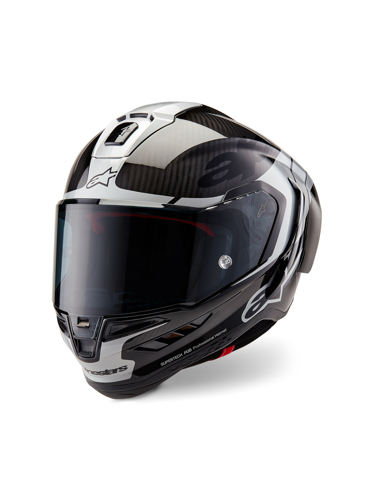 Alpinestars Supertech R10 Element helm, integraal motorracehelm, zwart carbon zilver en glanzend zwart, voorzien van een dark smoke vizier, aerodynamische carbon fiber helmschaal en Alpinestars branding