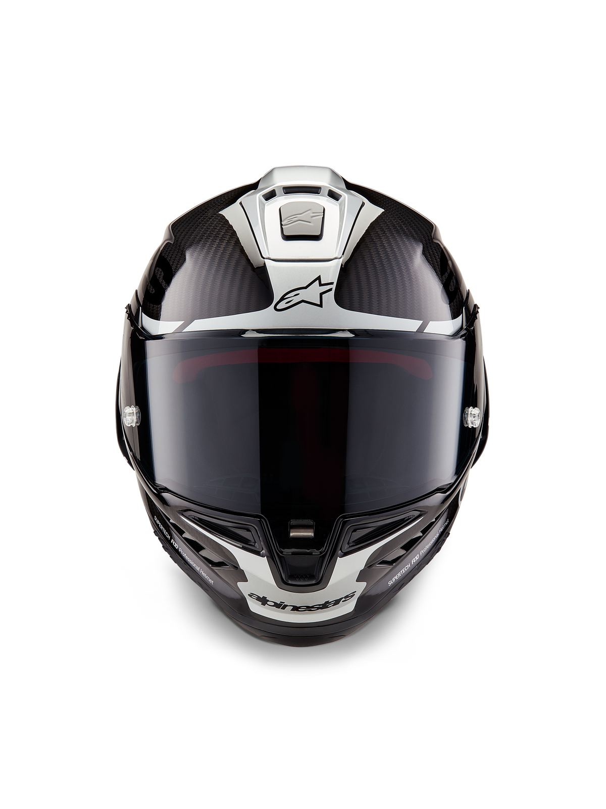 Alpinestars Supertech R10 Element helm, integraalracehelm, zwart carbon zilver zwart glanzend, vooraanzicht met donker rookvizier en glanzend carbonweefsel met zilveren aerodynamische graphics en Alpinestars-logo's