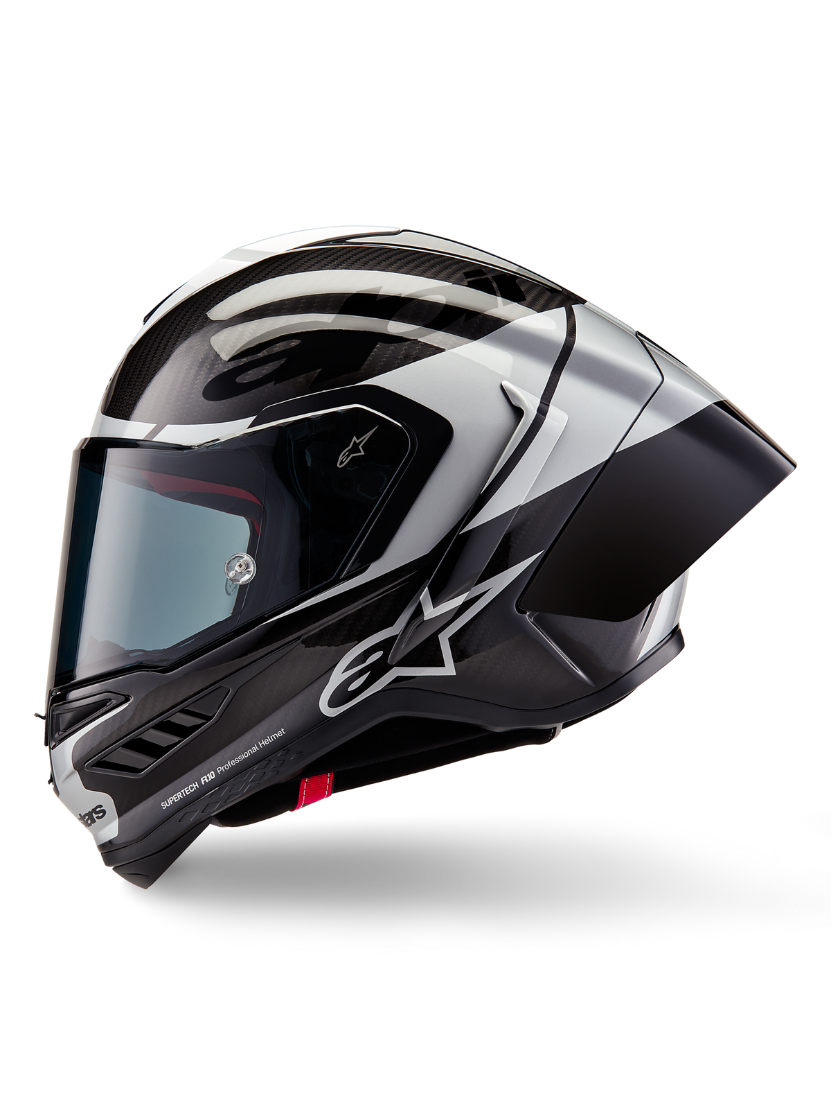 Alpinestars Supertech R10 Element helm, integraal motorracehelm, zwart carbon zilver en glanzend zwart, zijaanzicht met zichtbaar koolstofvezelweefsel en aerodynamische achterspoiler, gestroomlijnd ontwerp met Alpinestars-branding en professionele race-afwerking