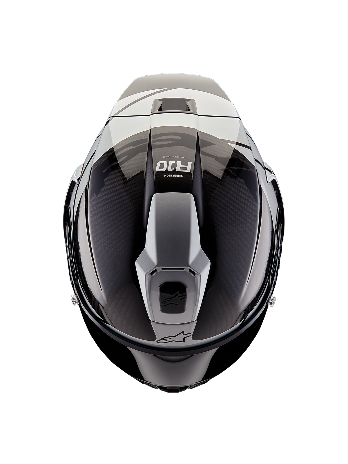 Alpinestars Supertech R10 Element helm, bovenaanzicht, zwart carbon en zilver, glanzende afwerking met zichtbaar carbonweefsel, aerodynamische ventilatiestructuur, R10-logo en Alpinestars-branding, professionele racomotorhelm