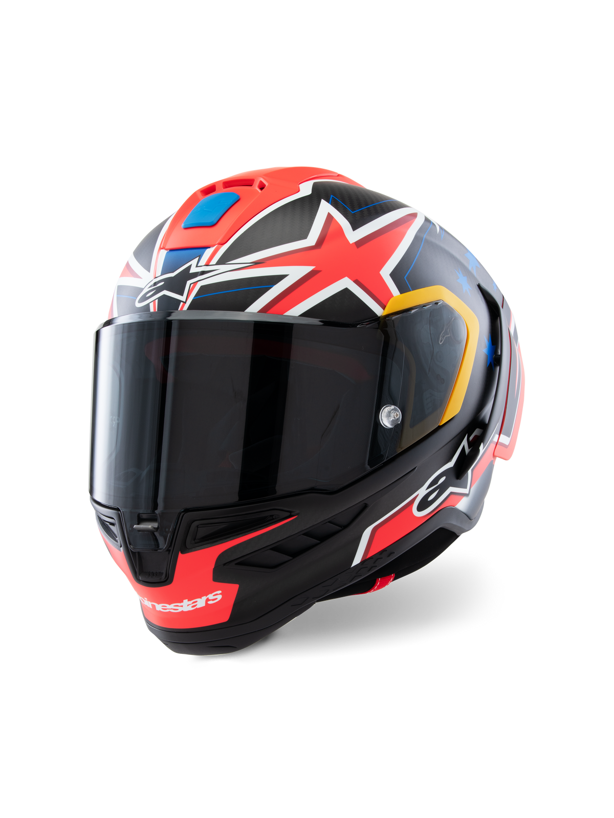 Alpinestars Supertech R10 Miller Limited Edition Helm, Integral-Rennhelm, Carbon Rot Matt mit roten Sternen, blaue und gelbe Grafikakzente, dunkel getöntes Visier, aerodynamische Carbon-Schale für den professionellen Motorradrennsport