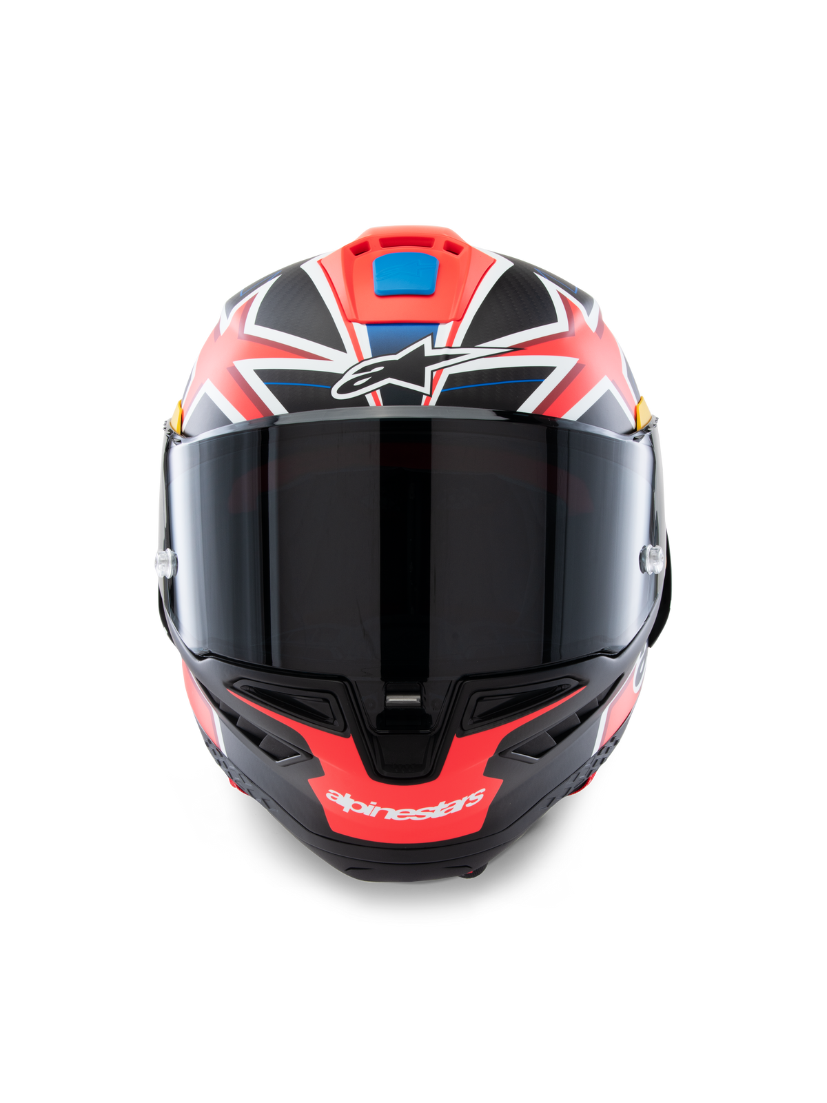 Alpinestars Supertech R10 Miller Limited Edition Helm, Frontansicht, Integral-Rennmotorradhelm mit Carbon Red Matt Grafik sowie weißen und blauen Akzenten, dunkel getöntes Visier, Jack Miller Signature-Design, aerodynamische Carbonschalen-Konstruktion