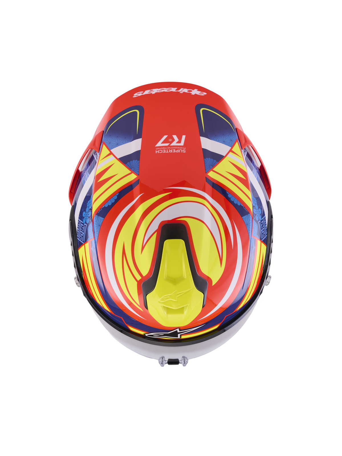 Alpinestars S-R7 Taiyo Furusato Helmet, Full Face Motorcycle Racing Helmet, Top View Showing Ventilation Intake and Graphic Design, Red and Fluo Yellow, ECE 22.06 Certified