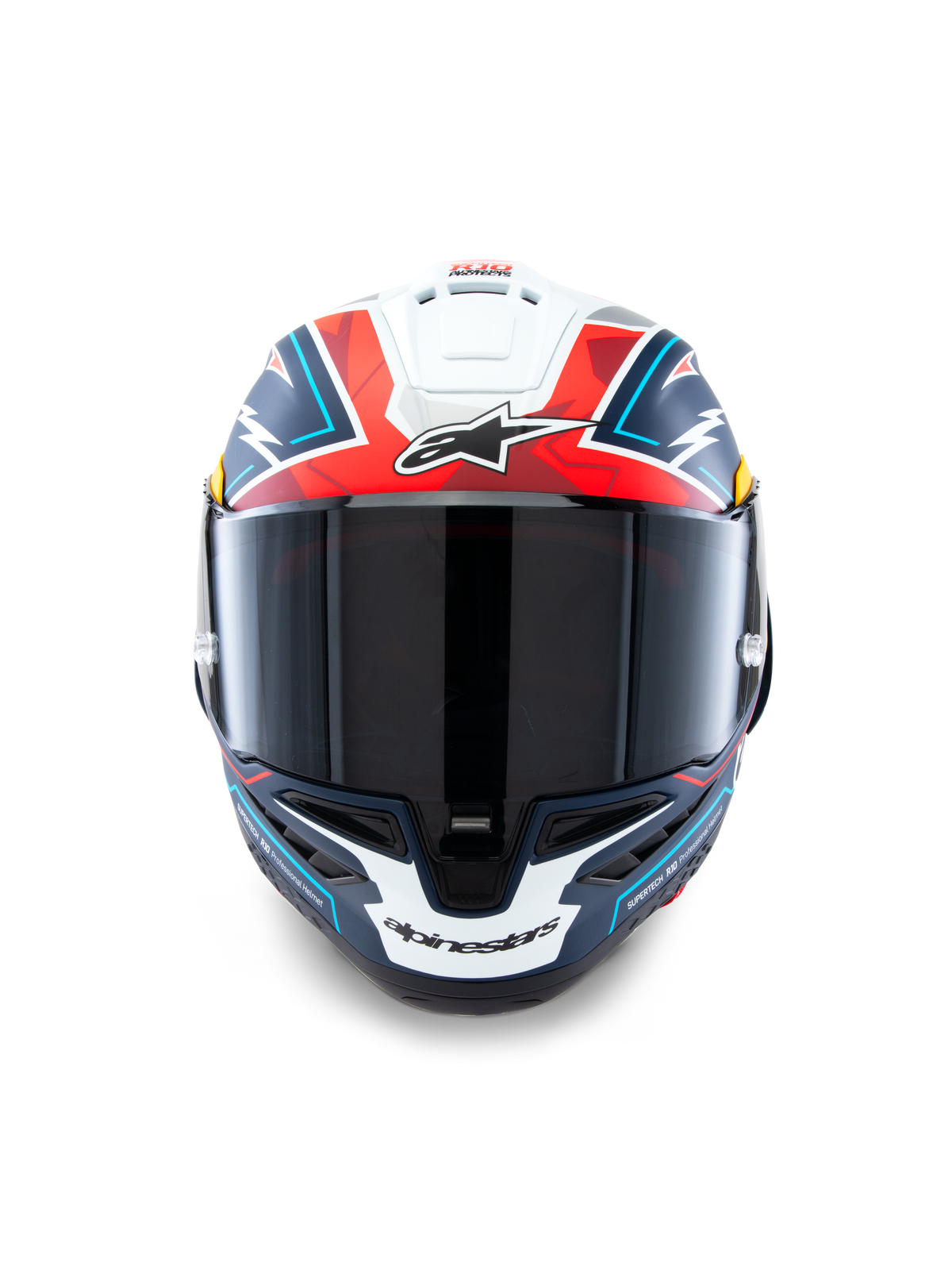 Alpinestars Supertech R10 Acosta Limited Edition Helm, Vorderansicht, Blau, Rot und Weiß Matt, Hochleistungs-Rennhelm mit dunkel getöntem Visier, markantes geometrisches Design und Alpinestars-Branding, Carbon-Verbundschale