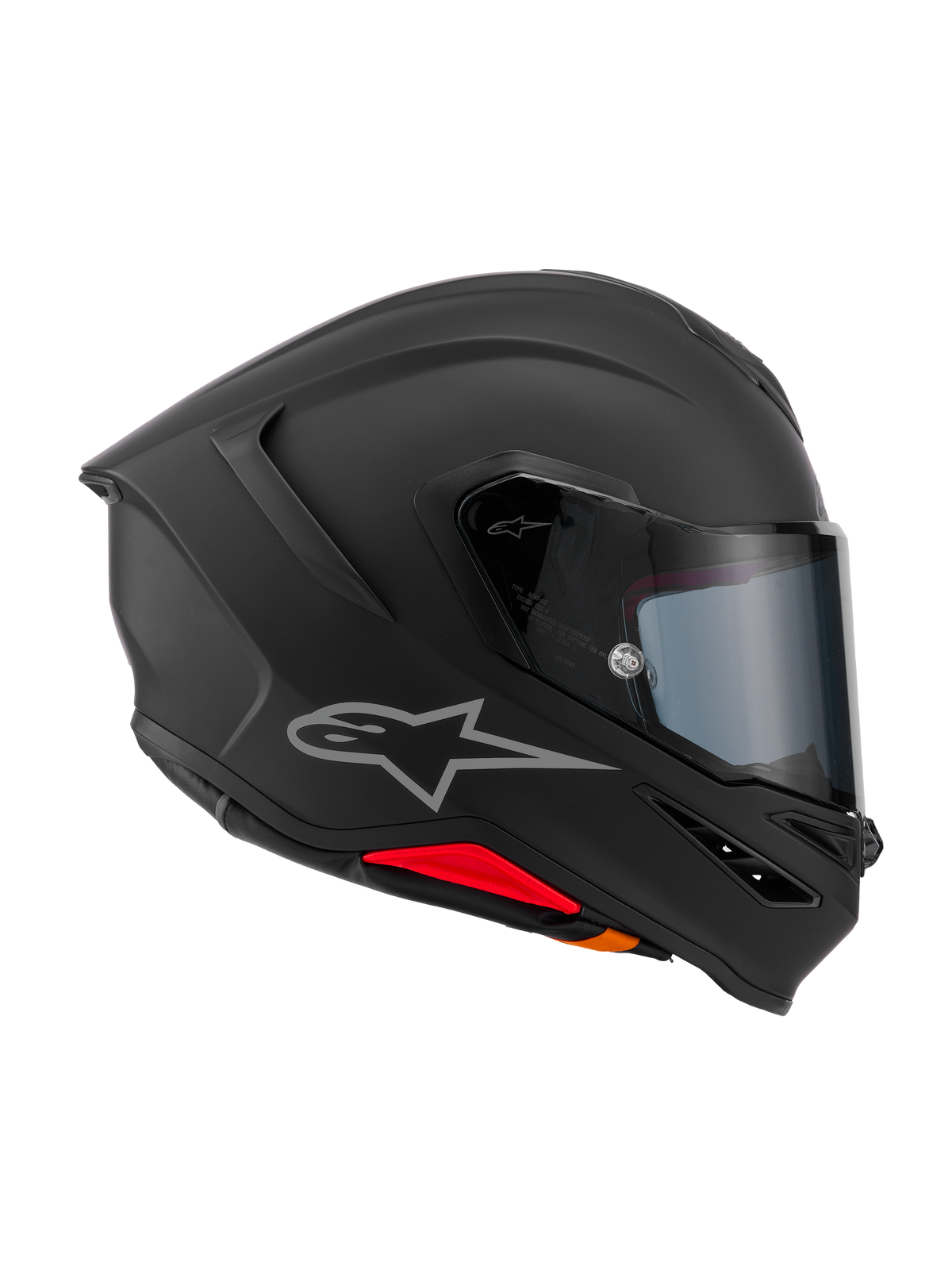 Alpinestars S-R7 Solid helm, integraal motorhelm, mat zwart, zijprofiel met aerodynamische koolstofcomposiet schaal, geïntegreerde achterspoiler, zilveren Astars-logo, helder vizier en ventilatieopeningen, race- en sportuitrusting
