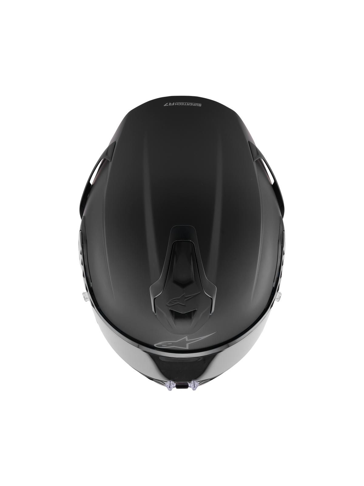 Alpinestars S-R7 Solid helm, integraal racehelm, matzwart, bovenaanzicht van de aerodynamische schaalconstructie, geïntegreerde ventilatieopeningen en subtiele Alpinestars-branding.