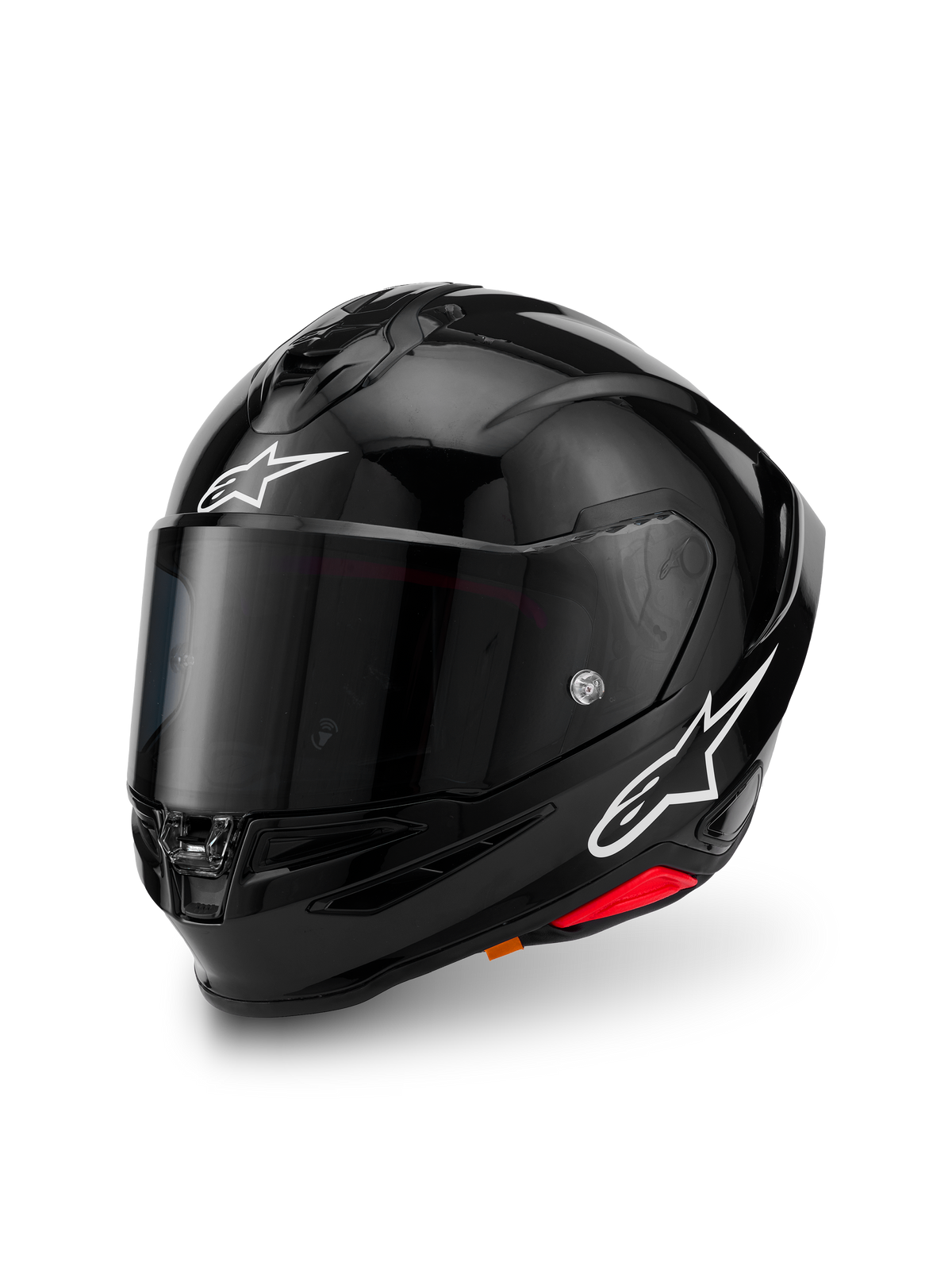 Alpinestars S-R7 Solid Helm, glänzend schwarzer Integral-Motorradhelm mit Kohlefaserverbundschale, weißen Stern-Logos auf Stirn und Seite, klarem Visier und aerodynamischem Spoiler