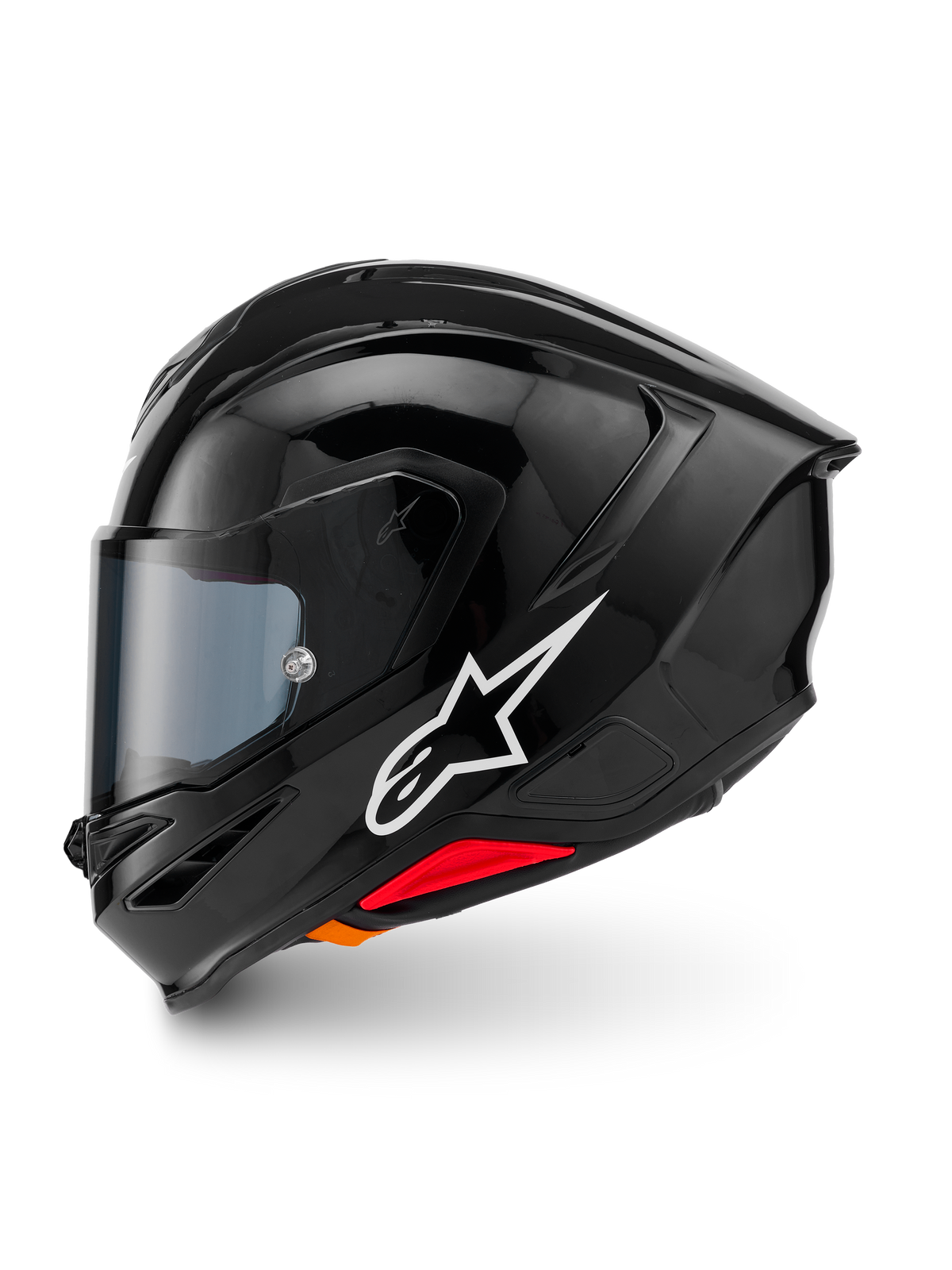 Alpinestars S-R7 Helm, Integralhelm, Schwarz Glänzend, linke Seitenansicht mit weißem Alpinestars-Logo, aerodynamische Schale mit integriertem Spoiler, getöntes Visier und rote Notentriegelungs-Akzente.