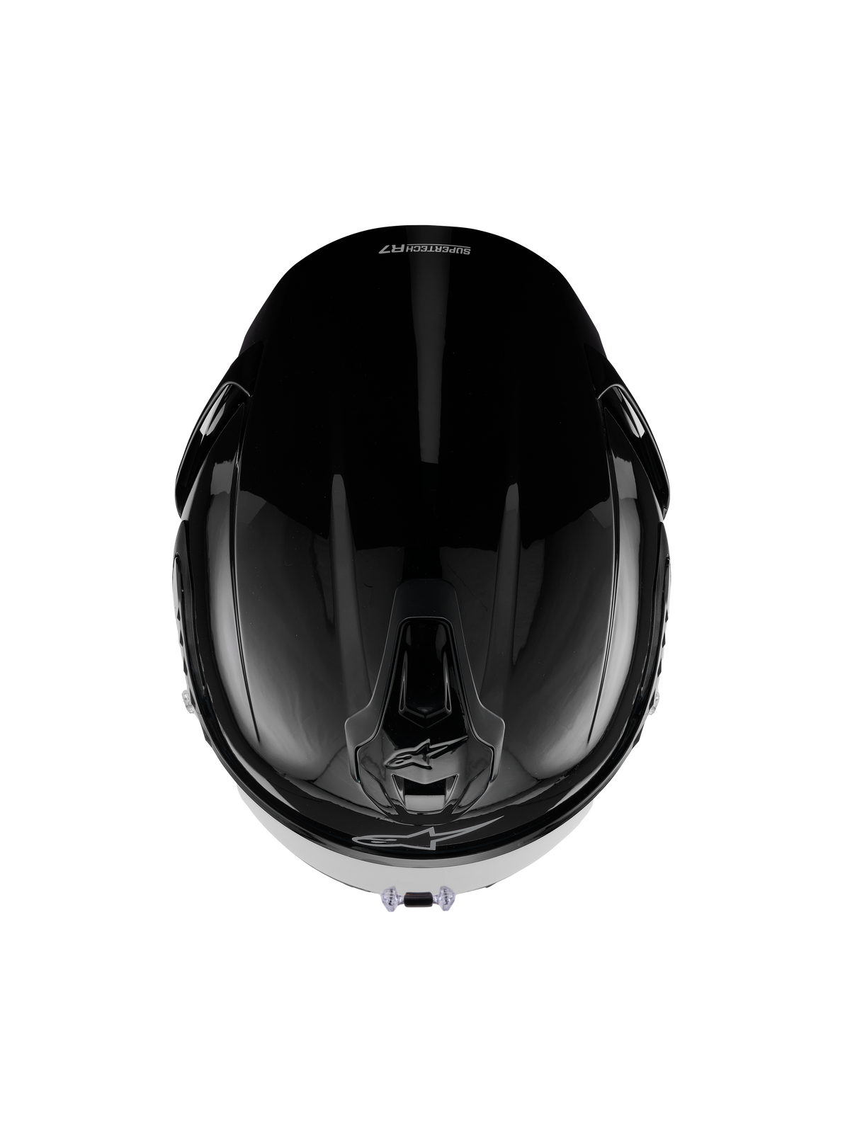 Alpinestars S-R7 Helm Solid, Integral-Motorradhelm, Schwarz Glänzend, Draufsicht mit aerodynamischer Schale, Belüftungsöffnungen und glänzendem Finish