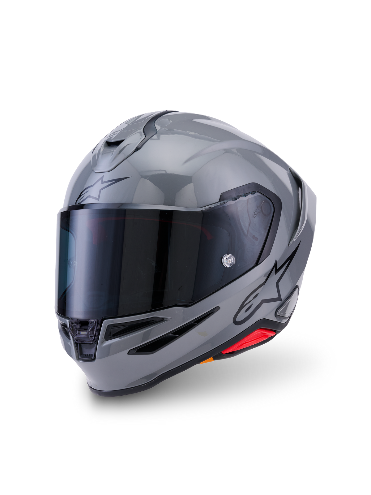 Casque Alpinestars S-R7 Solid, casque de moto intégral, gris brillant, doté d'une visière teintée foncée, d'une coque aérodynamique avec spoiler intégré, de ports de ventilation et d'un logo Alpinestars noir sur le côté