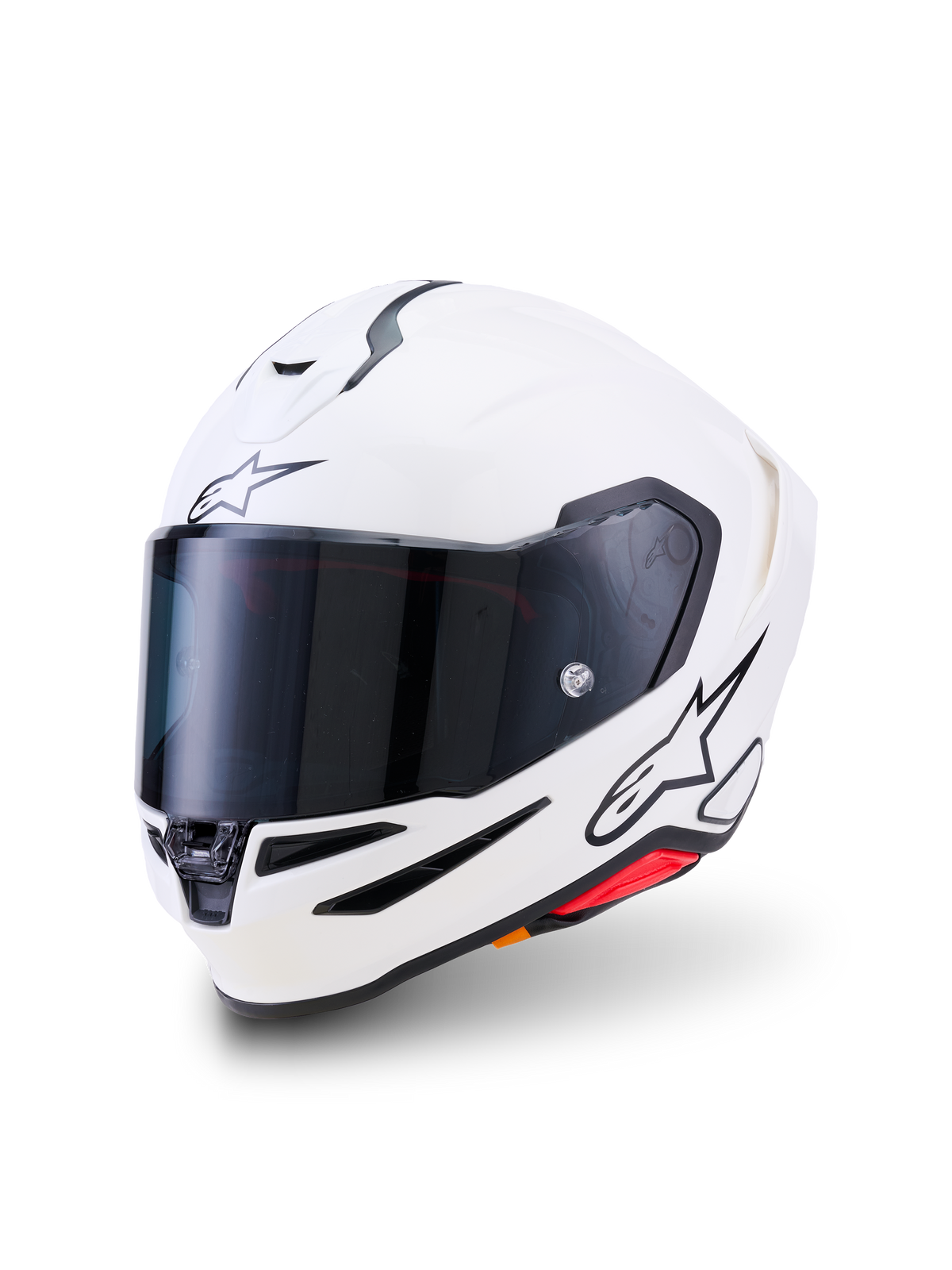 Alpinestars S-R7 Solid Helm, Motorrad-Integralhelm, Weiß glänzend, dunkel getöntes Visier, schwarzes Stern-Logo auf der Stirn und an der Seite, aerodynamische Schale mit Belüftungsöffnungen und roten Akzenten, Hochleistungs-Renn- und Straßenausrüstung