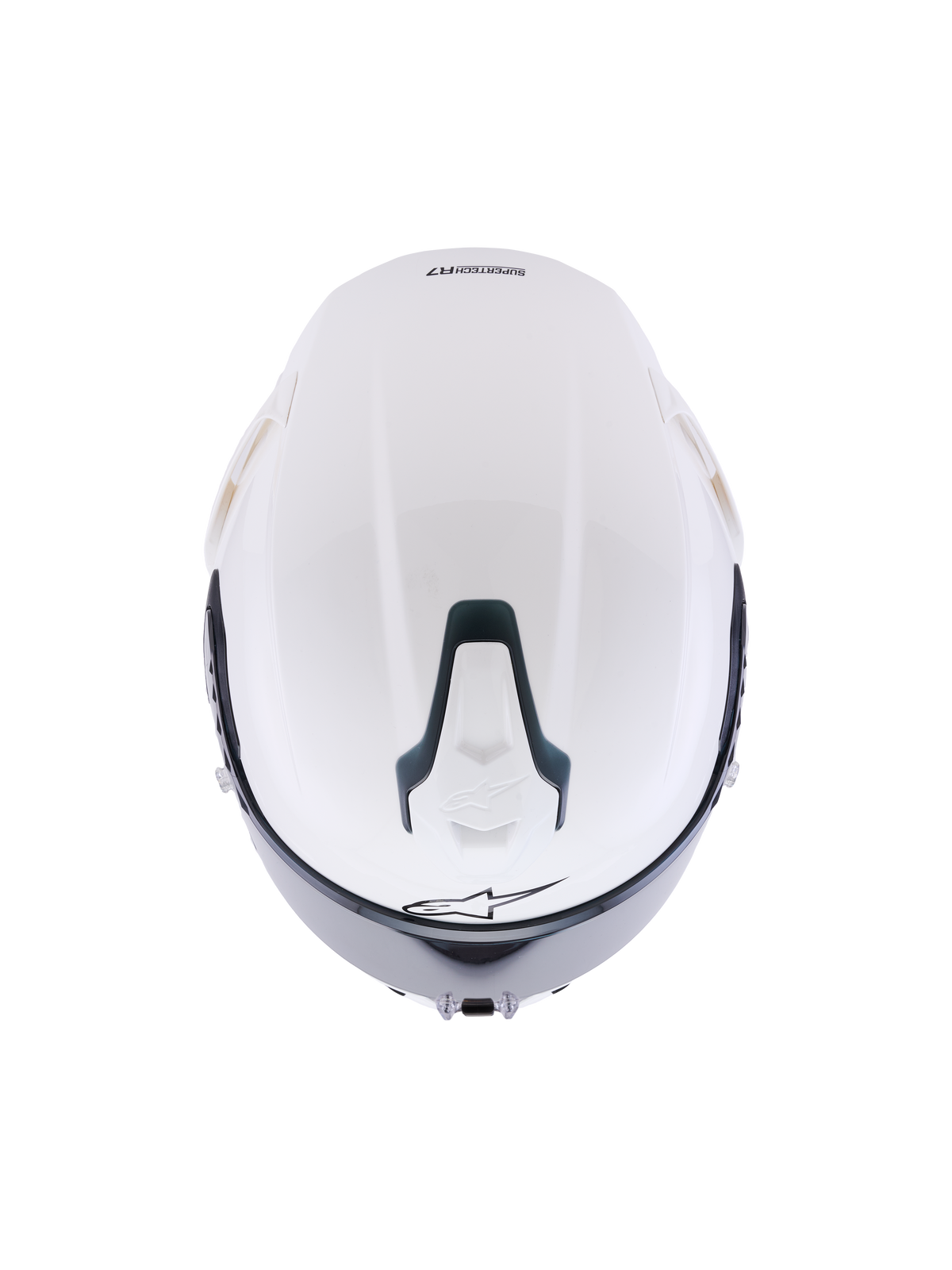 Alpinestars S-R7 Solid Helm, glänzend weißer Integralmotorradhelm, Draufsicht zeigt die aerodynamische Schale, den oberen Belüftungsschlitz mit schwarzen Akzenten und das charakteristische Stern-Logo, schlankes Design für Stabilität.