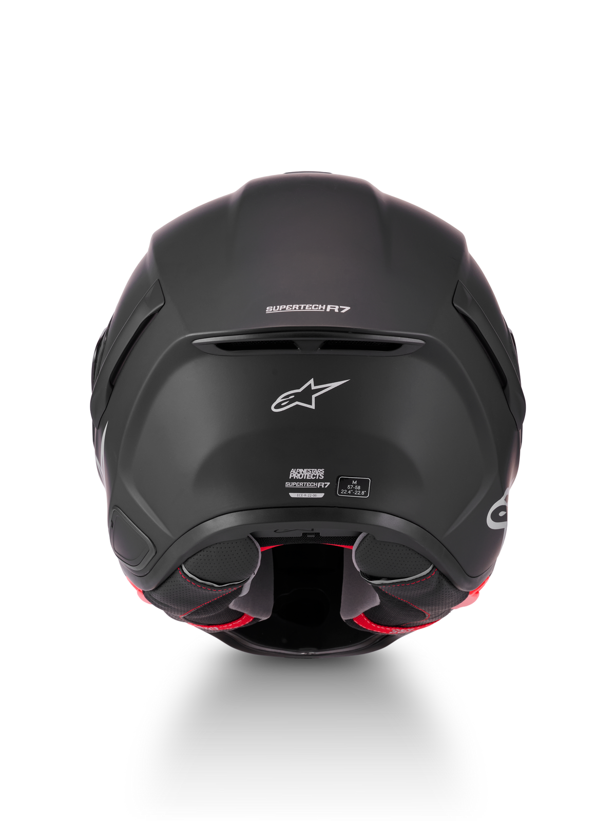 Alpinestars S-R7 Solid helm ECE06/DOT, motorracehelm, matzwart, achteraanzicht met Supertech R7-branding, ventilatieafzuiging en certificeringslabels