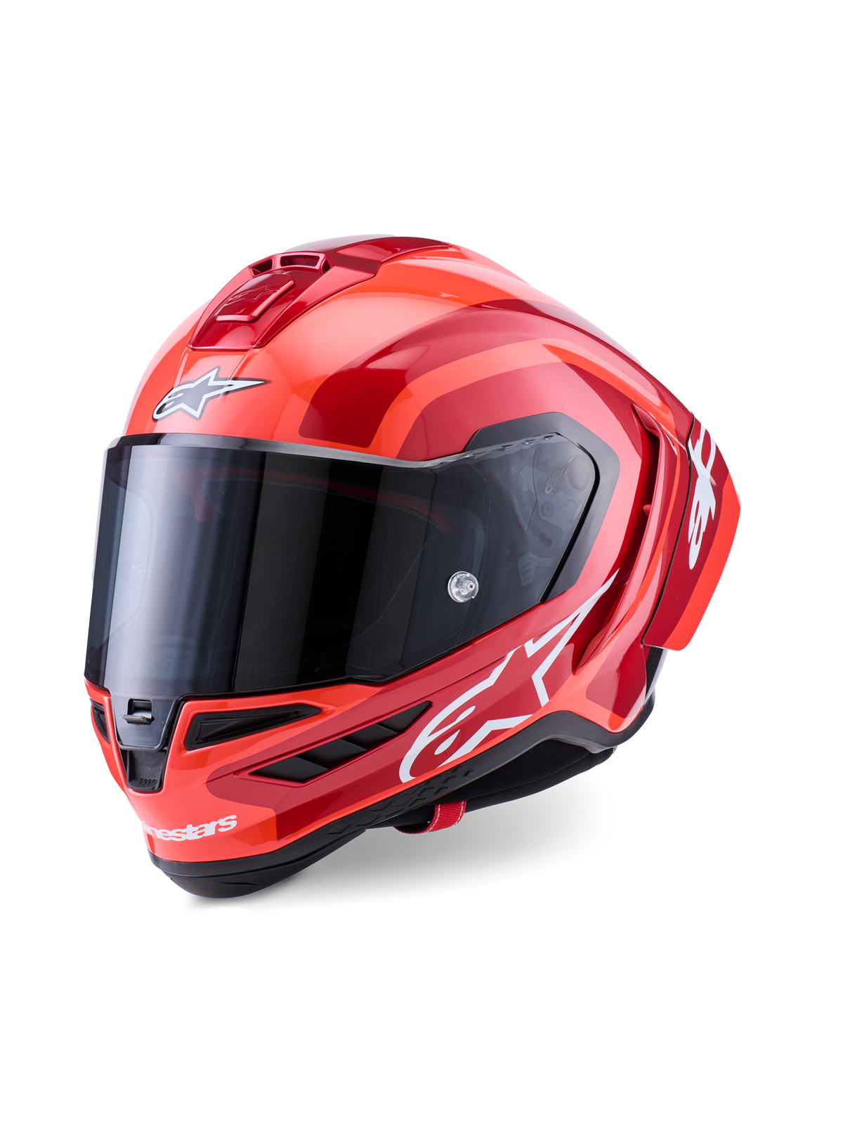 Alpinestars Supertech R10 Arius helm, integraal racehelm, glanzend rood en oranje, met witte Alpinestars-logo's, donker getint vizier, aerodynamisch carbon-composiet ontwerp met multi-vent koelsysteem