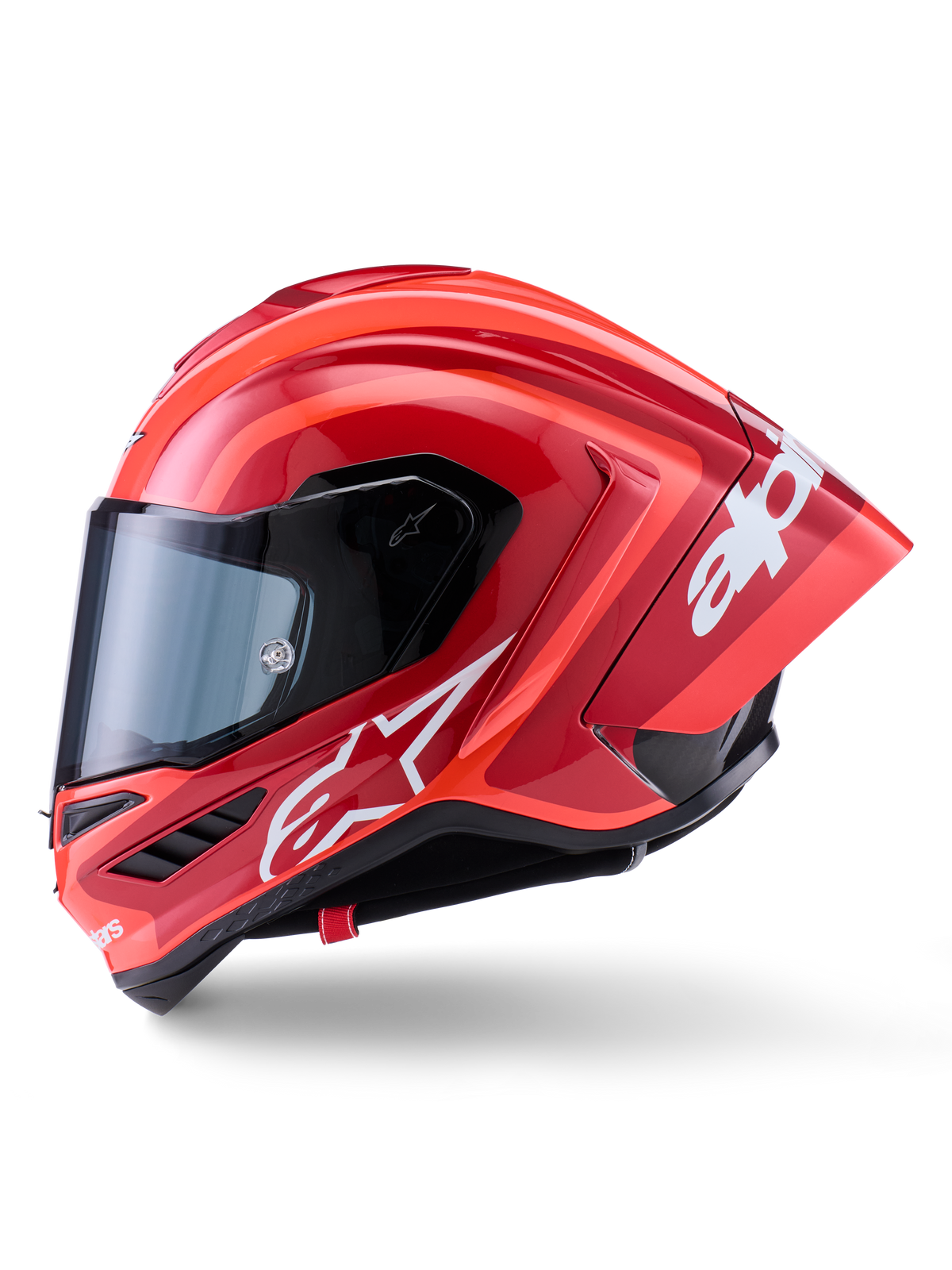 Alpinestars Supertech R10 Arius helm, integrale racehelm, glanzend rood met witte logo-graphics, zijprofiel met nadruk op de aerodynamische spoiler en helder vizier, schaal van koolstofvezelcomposiet voor professionele motorsport
