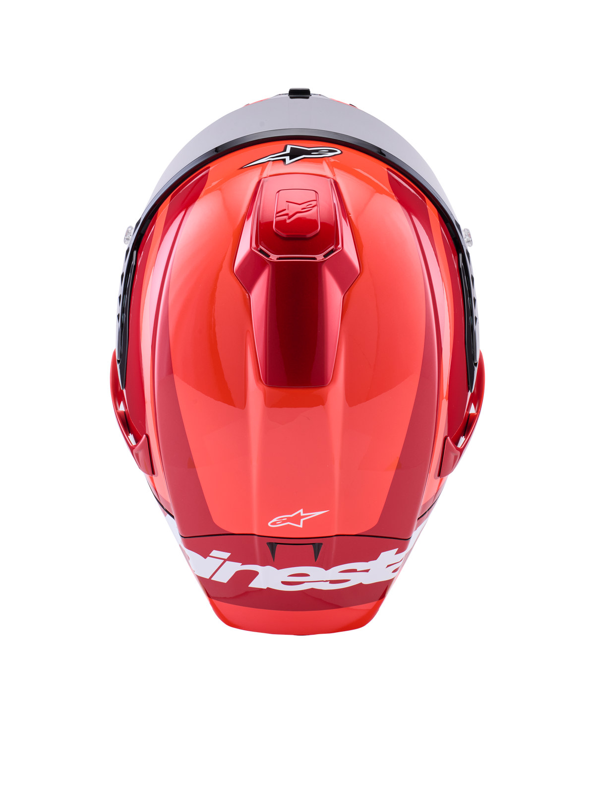 Alpinestars Supertech R10 Arius Helm, integrale racehelm, glanzend rood met witte accenten, bovenaanzicht met aerodynamische schaalcontouren, witte Alpinestars-branding en geïntegreerde ventilatie aan de bovenzijde
