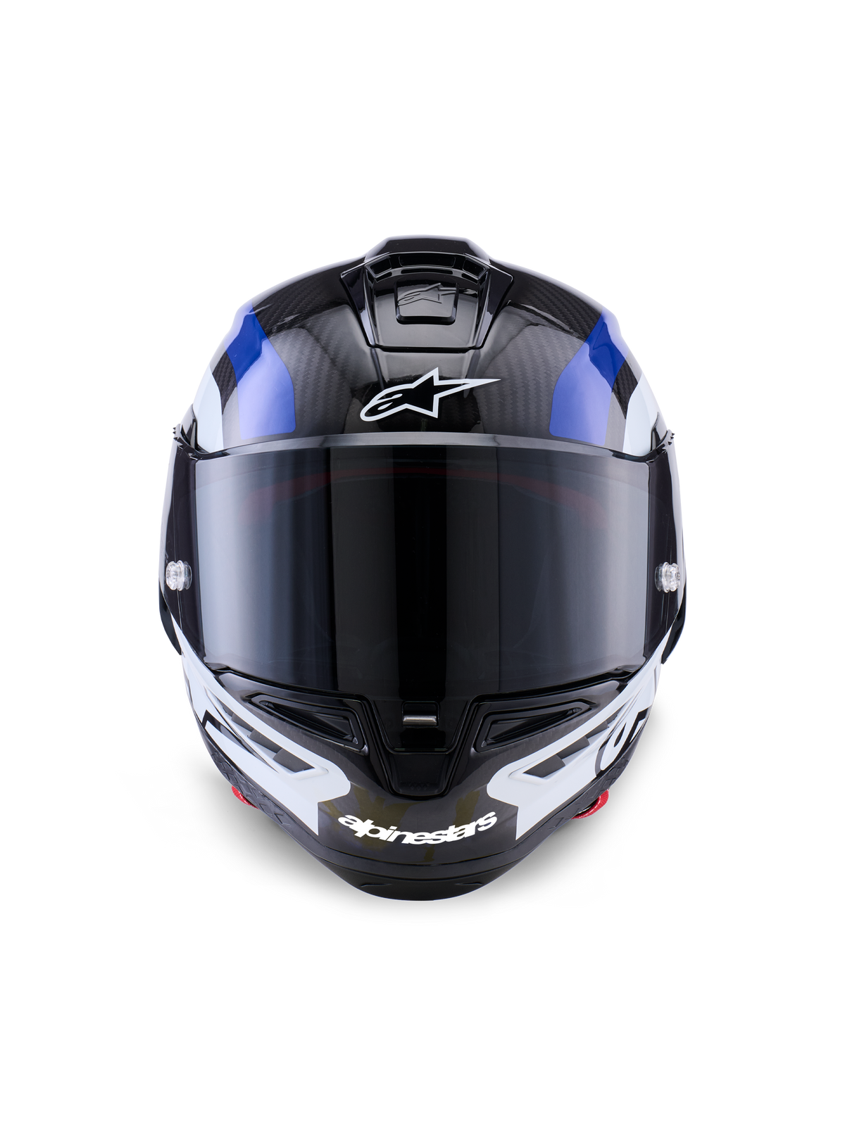 Alpinestars Supertech R10 Arius Helm, Integral-Rennhelm, Schwarz, Weiß und Blau glänzend, Frontansicht mit dunkel getöntem Visier, mit sichtbarer Carbonfaser-Struktur auf der Oberschale, weißes Alpinestars-Logo auf Stirn und Kinn, schlankes aerodynamisches Design für den professionellen Rennsport