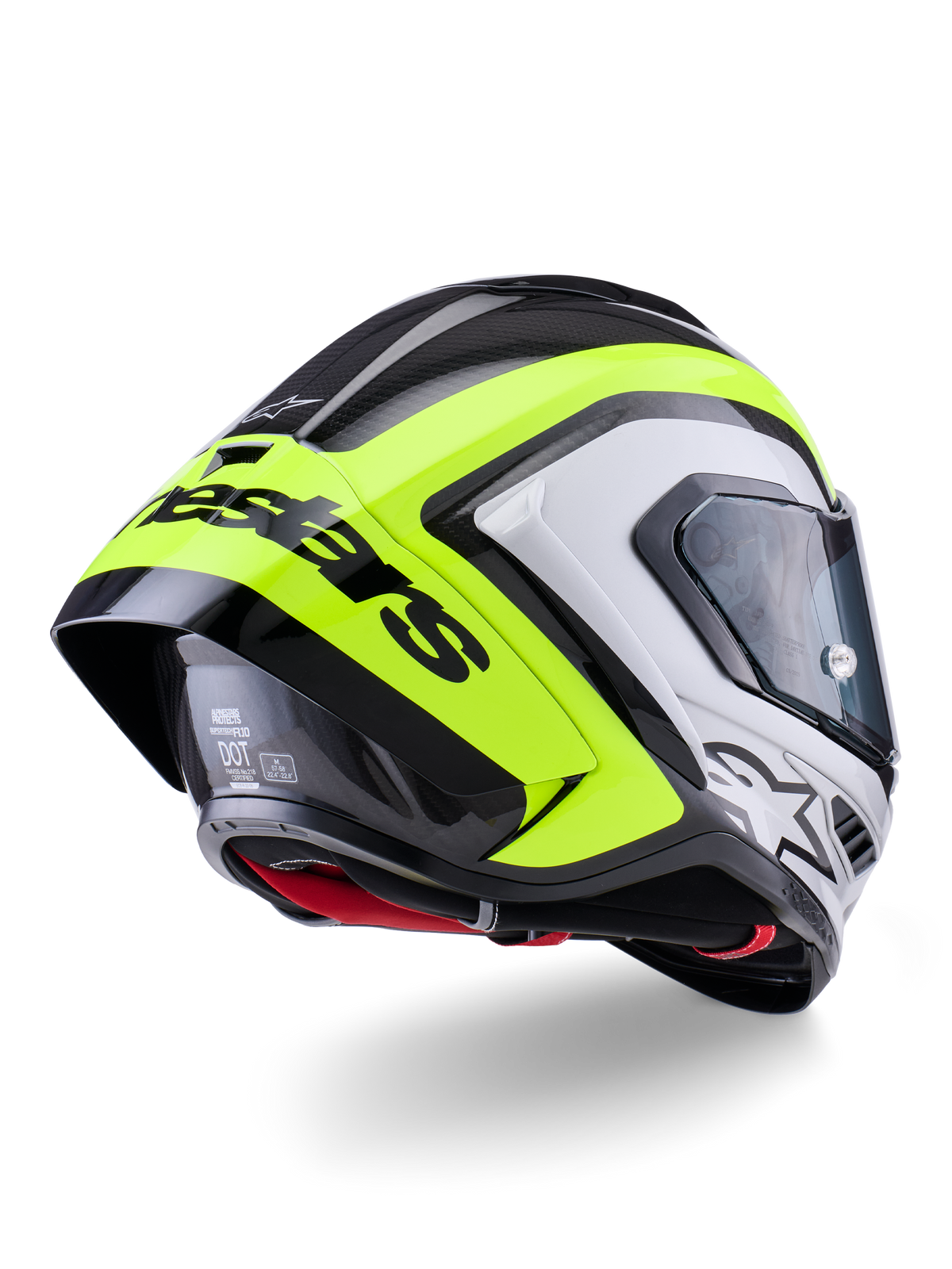 Casque Alpinestars Supertech R10 Arius, vue arrière, noir, argent et jaune fluo brillant, coque en fibre de carbone, grand spoiler aérodynamique avec texte Alpinestars noir, protection de niveau compétition au design profilé