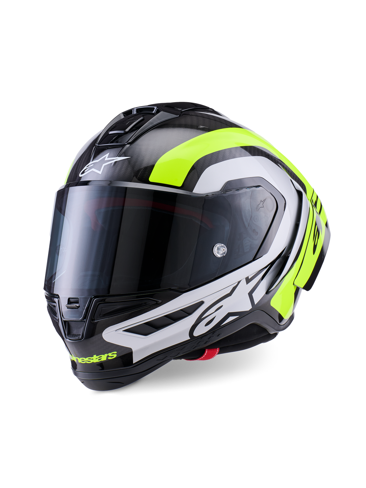 Casque Alpinestars Supertech R10 Arius, casque de moto de course professionnel, carbone noir brillant avec accents argentés et jaune fluo, doté d'un écran fumé foncé, d'ailerons aérodynamiques et d'un marquage Alpinestars distinctif