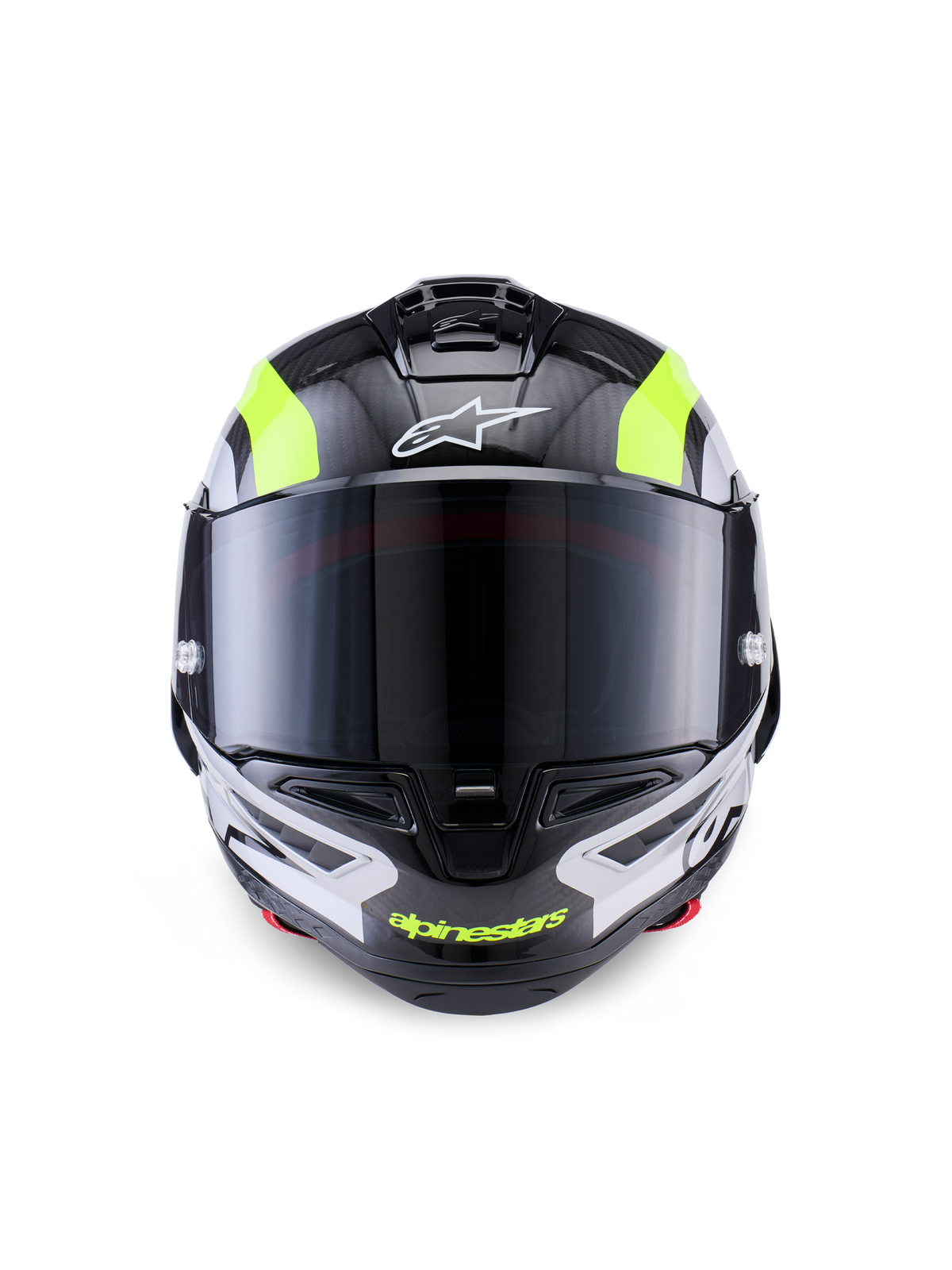 Casque Alpinestars Supertech R10 Arius, casque de moto de course, noir, argent et jaune fluo brillant, vue de face présentant une coque en fibre de carbone, une visière fumée foncée et un système de ventilation intégré.