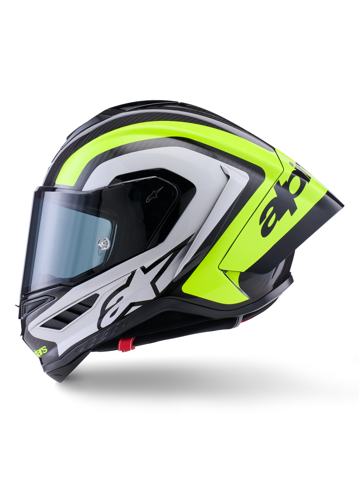 Casque Alpinestars Supertech R10 Arius, casque de moto de course, noir, argent et jaune fluo brillant, vue de profil, avec spoiler arrière aérodynamique, construction en fibre de carbone, logo imposant et visière teintée.