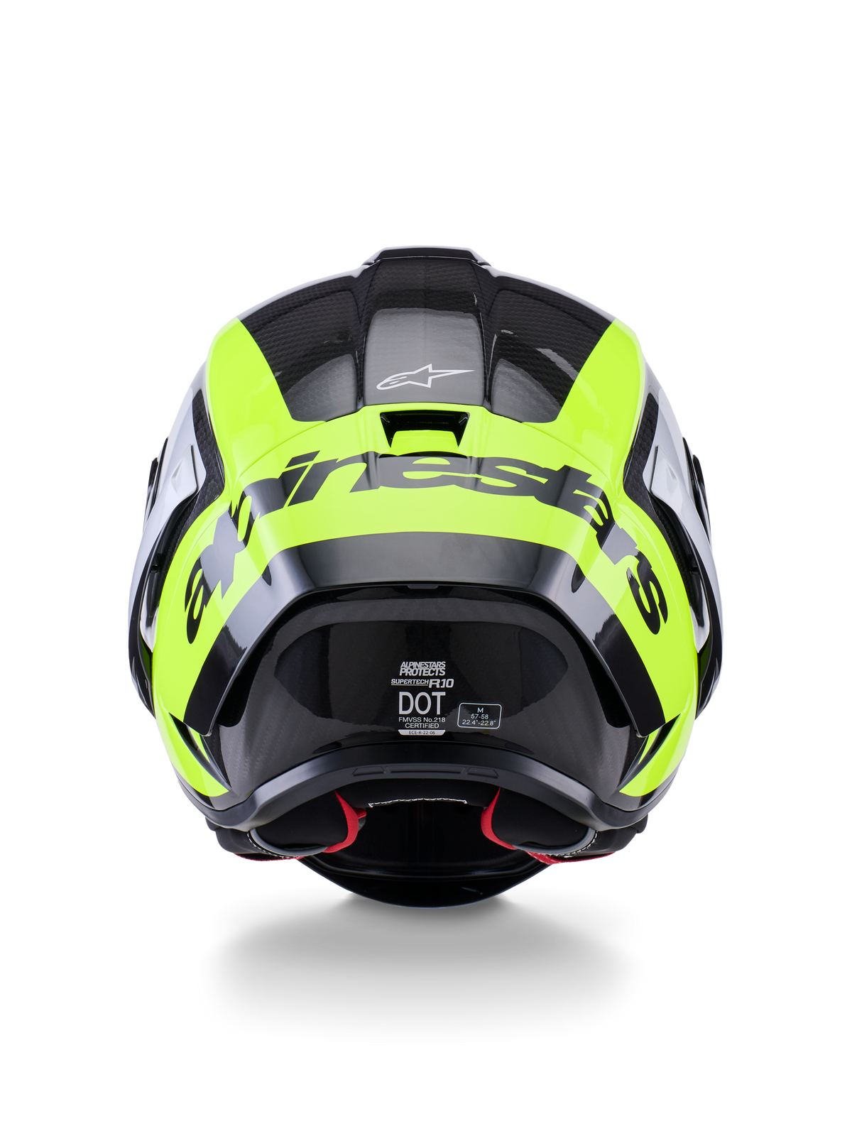 Casque Alpinestars Supertech R10 Arius, vue arrière, noir, argent et jaune fluo brillant, casque de course haute performance avec calotte en carbone multi-composite, design aérodynamique et logo de la marque imposant à l'arrière.