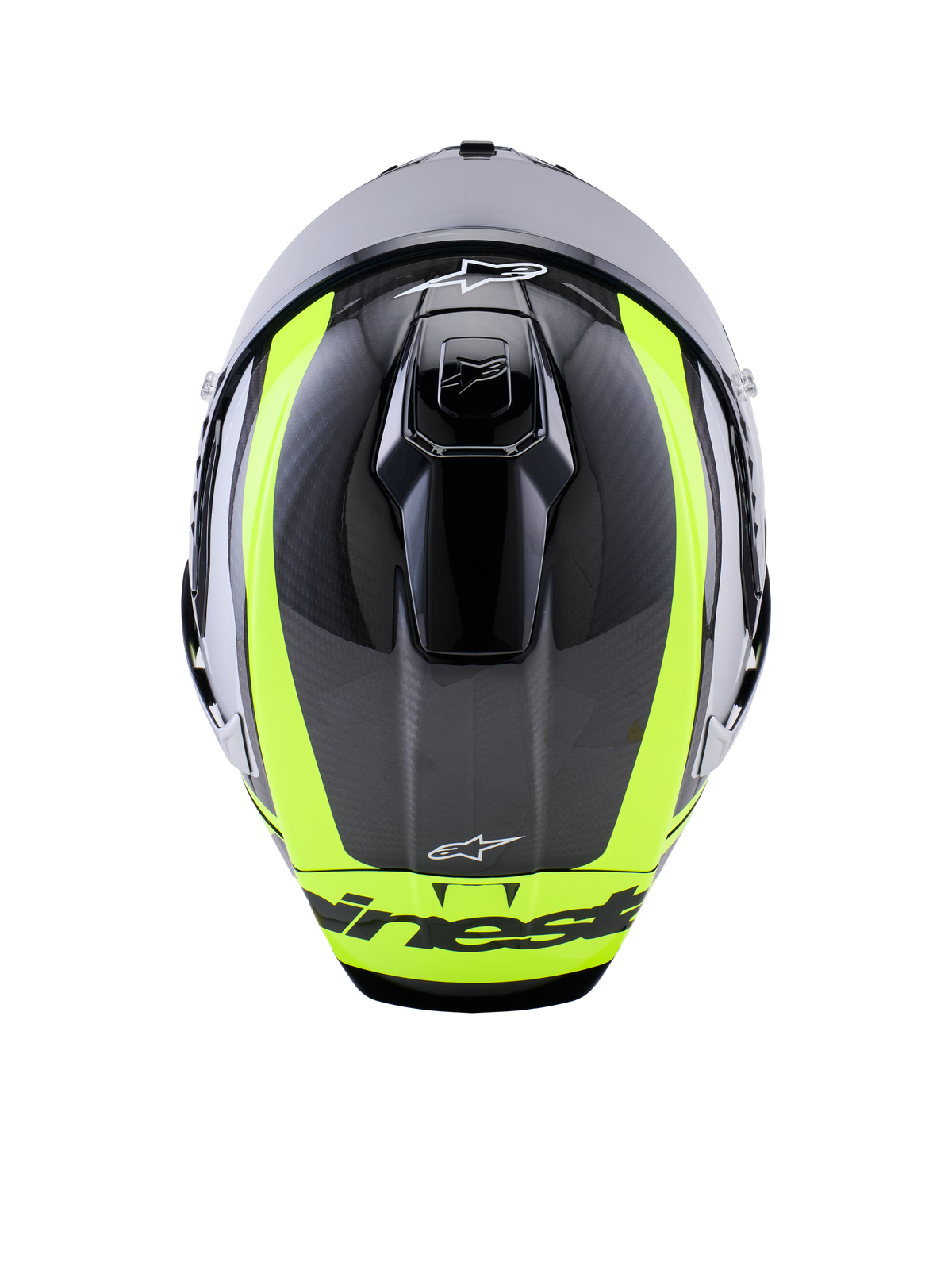 Casque Alpinestars Supertech R10 Arius, vue de dessus, noir, argent et jaune fluo brillant, calotte en fibre de carbone avec rayures jaune fluo éclatantes, orifices de ventilation supérieurs aérodynamiques et logo Alpinestars, casque de course haute performance