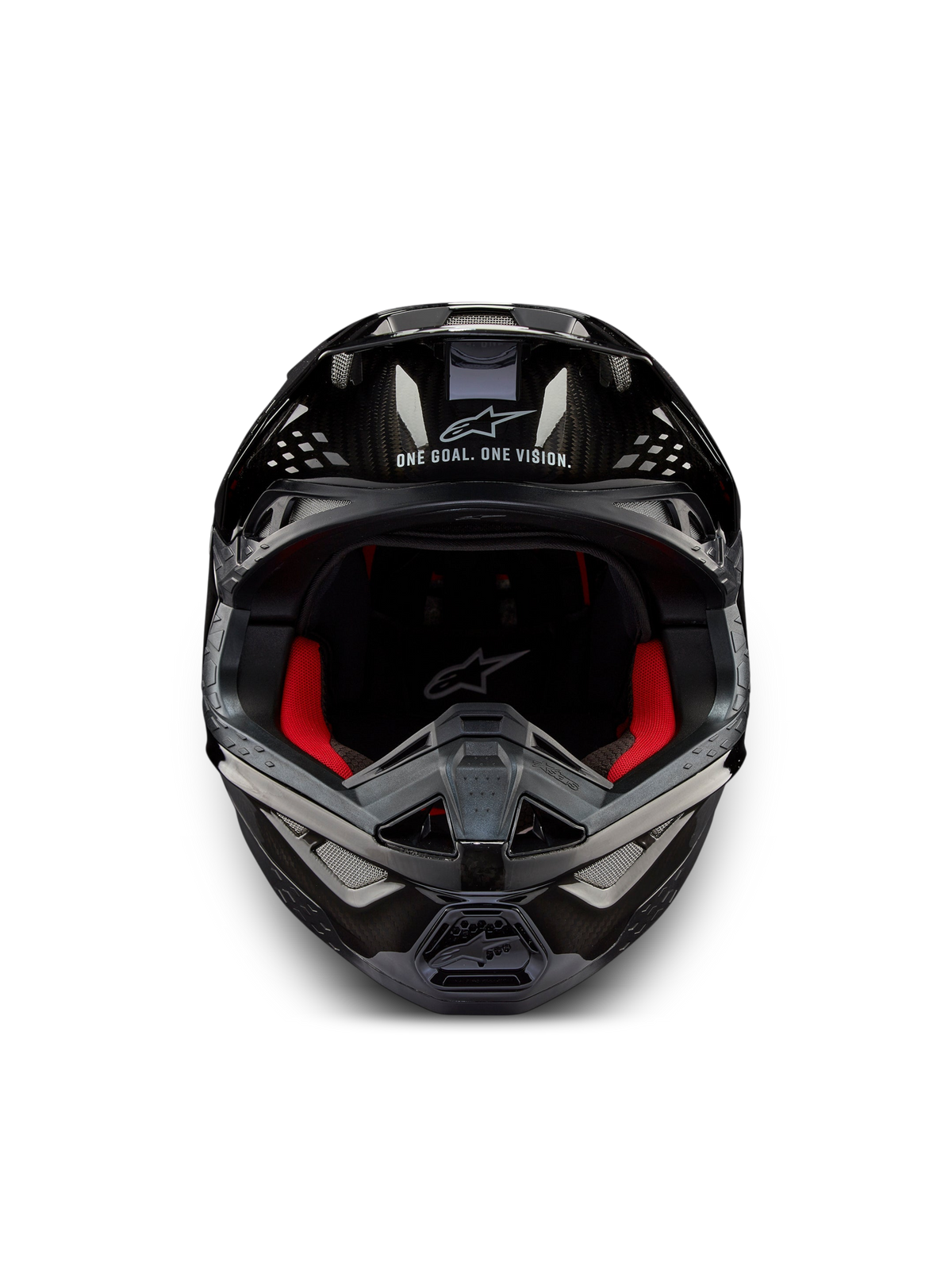 Alpinestars Supertech M10 Solid helm ECE 22.06, frontale motocrosshelm in glanzend zwart carbon met rode binnenvoering en ventilatieopeningen