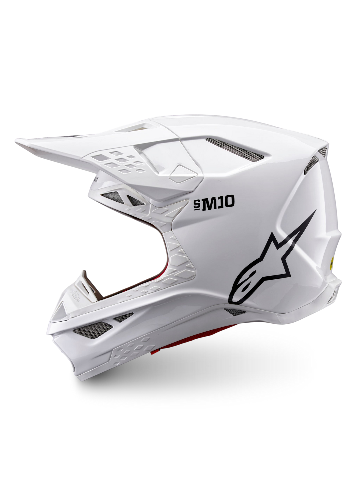 Alpinestars Supertech M10 Solid Helm ECE 22.06, glanzend witte motocrosshelm met zwart logo, zijaanzicht en meerdere ventilatiepoorten