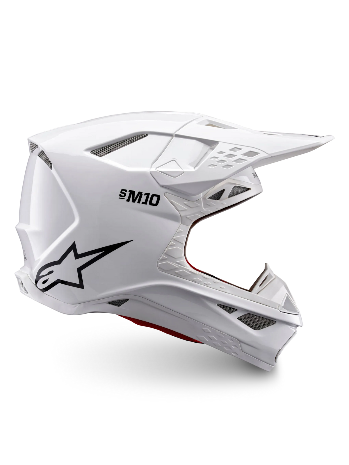 Alpinestars Supertech M10 Solid helm ECE 22.06, glanzend witte motocrosshelm met zwart logo, peakvizier en geventileerd integraalontwerp, zijaanzicht