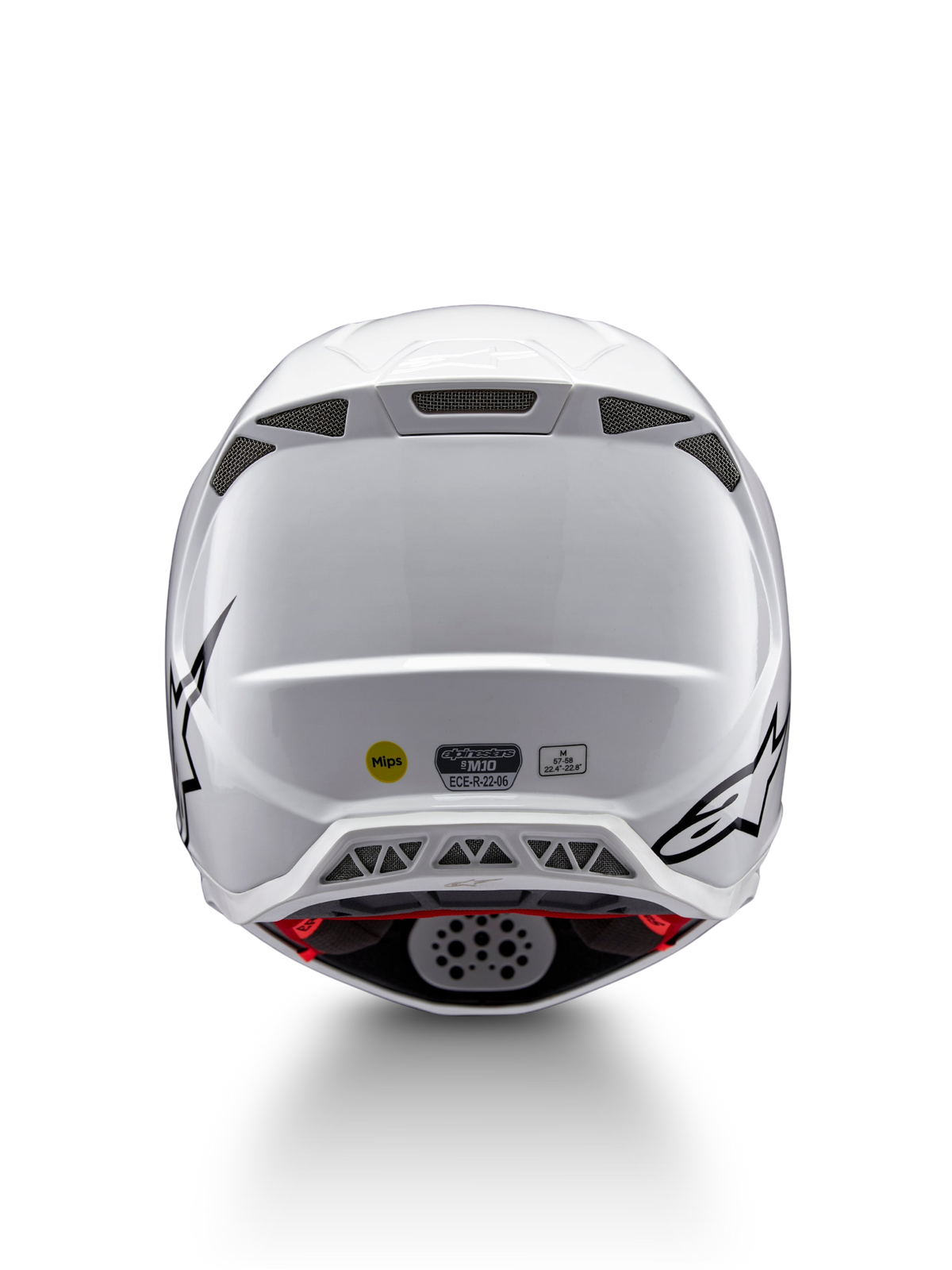 Alpinestars Supertech M10 Solid Helm ECE 22.06, glanzend witte motocrosshelm van achteren met zwarte graphics, ventilatiepoorten, MIPS en ECE-certificering