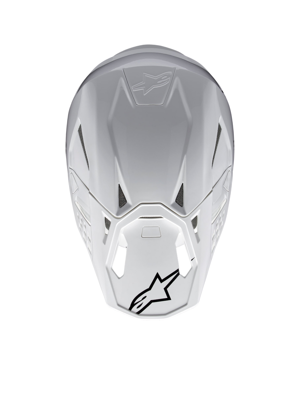 Alpinestars Supertech M10 Solid Helm ECE 22.06, witte glanzende motocrosshelm, achteraanzicht met ventilatiepoorten en zwarte Alpinestars-logo’s, carbon- en aramidecomposietschaal