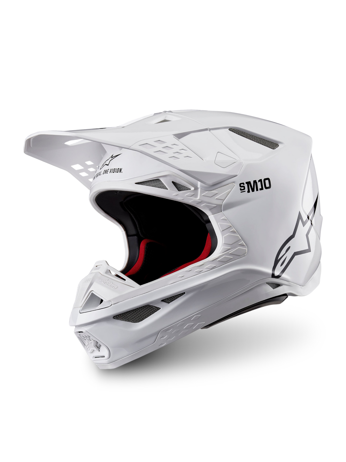 Alpinestars Supertech M10 Solid helm, glanzend witte motocrosshelm met zwarte en rode binnenpadding, peakvizier en meerdere ventilatiepoorten, driekwartweergave