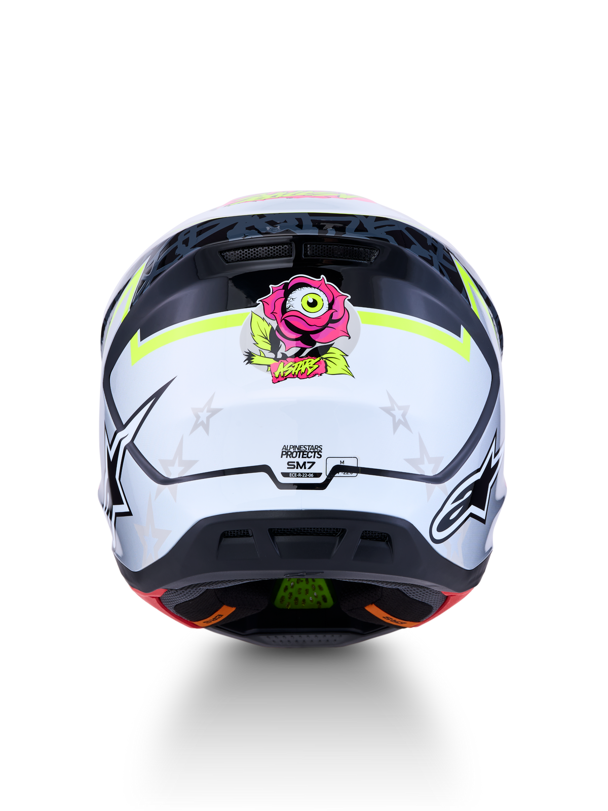 Alpinestars S-M7 Blaster Motocross Helmet, Black and White with Yellow Fluo, ECE 22.06 certified, rear view with rose graphic.