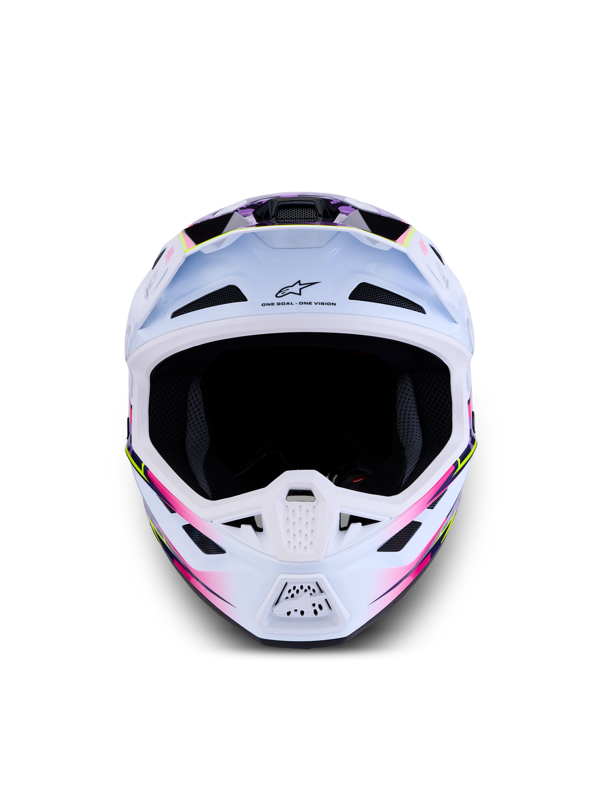 Alpinestars S-M7 Blaster ECE06, casque de motocross tout-terrain, blanc avec graphismes violets et roses, certifié ECE 06