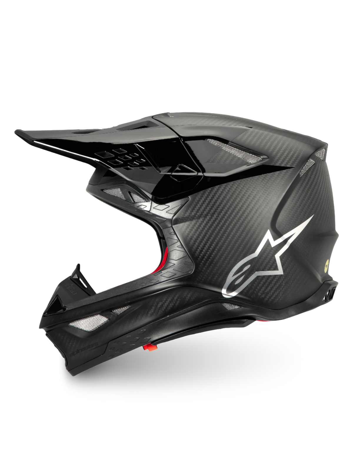 Alpinestars Supertech M10 Fame, casque de motocross noir carbone mat et brillant, logo argenté, certifié ECE 22.06.